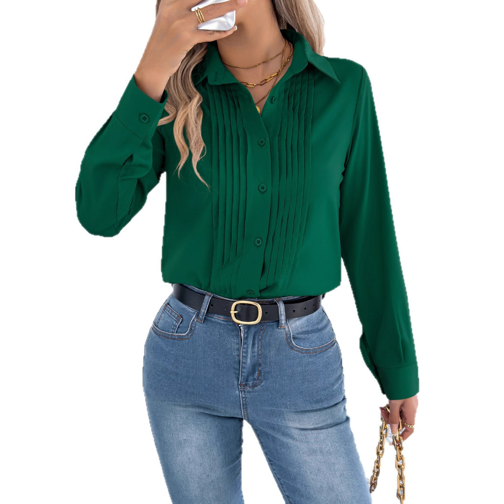 Elan | Tailored Pleated Blouse – Chic Button-Up Shirt for Women