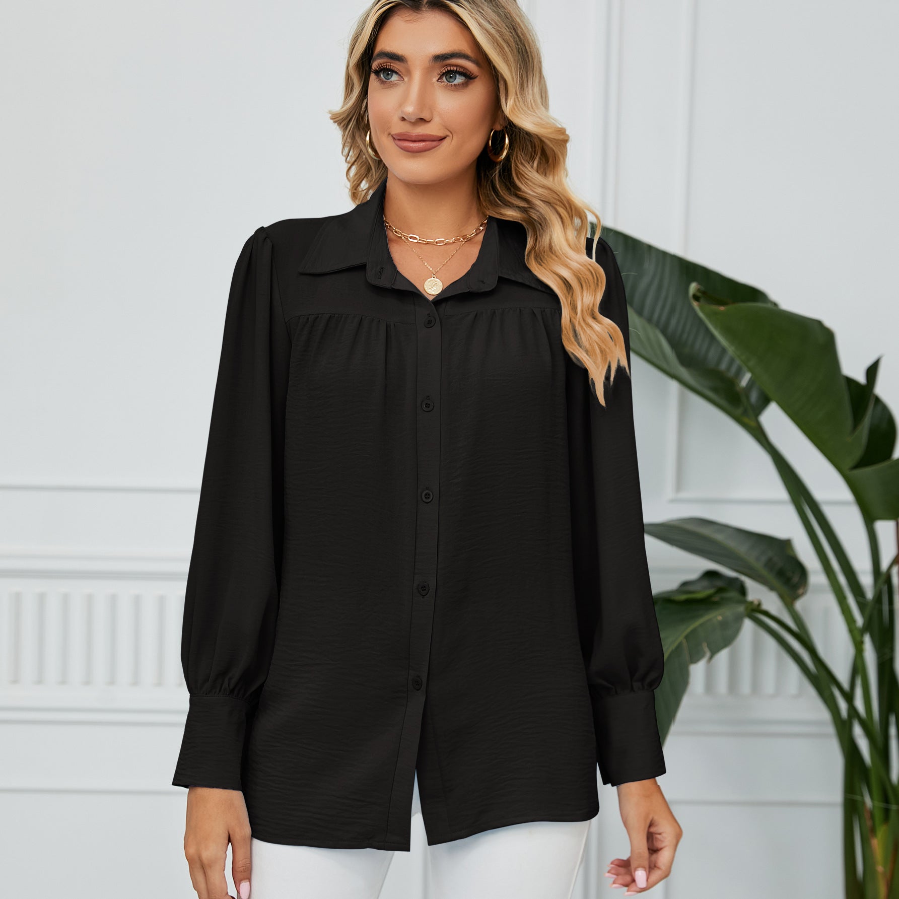 Amazirhub | Women’s Long Sleeve Button-Up Blouse Shirt – Elegant Relaxed Fit Top