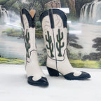 Women's Cactus Embroidered Western Cowboy Boots - Chunky Heel Mid-Calf Vintage