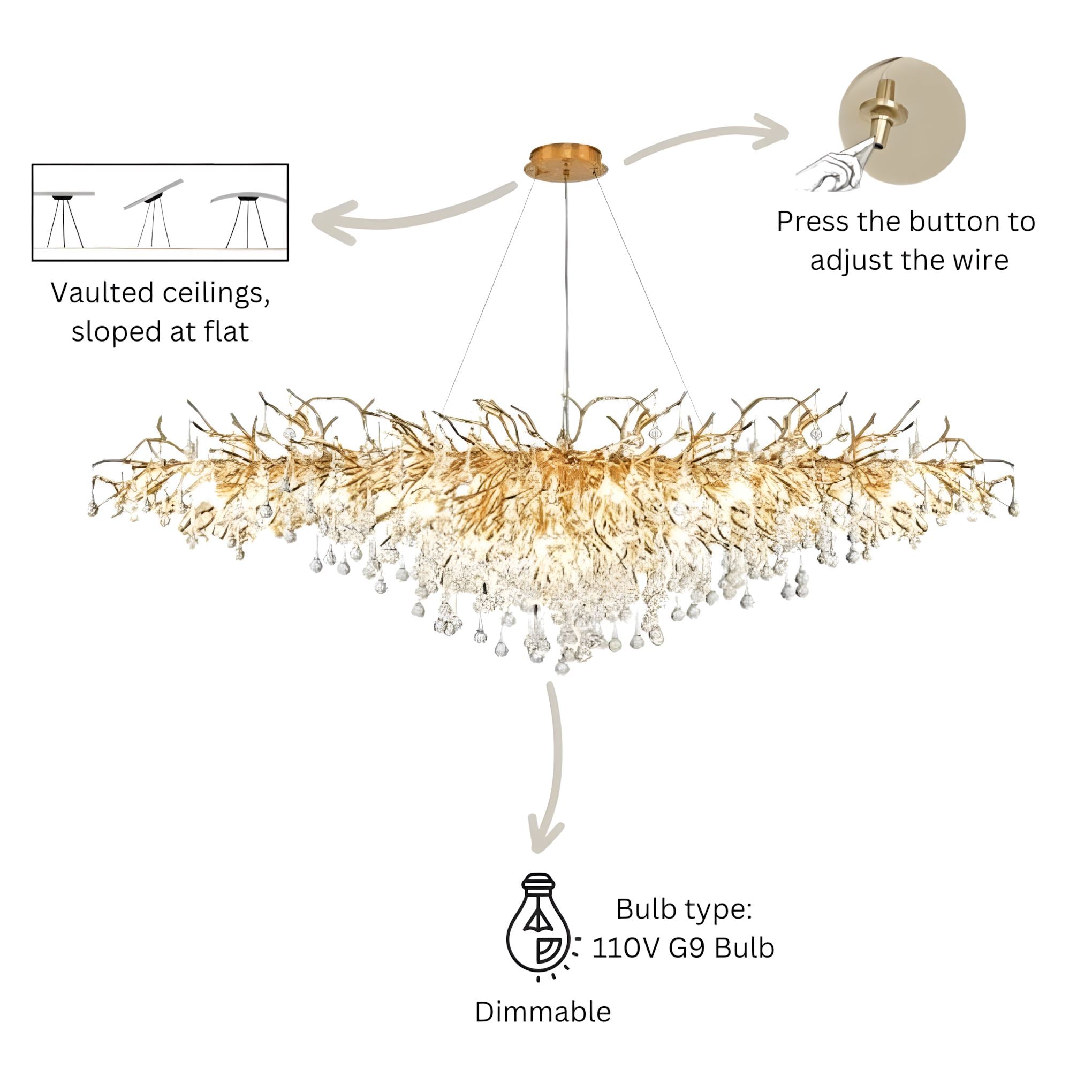 Dribble Crystal Raindrop Branch Chandelier Dimmable Dining Room Living Room — Gold Silver