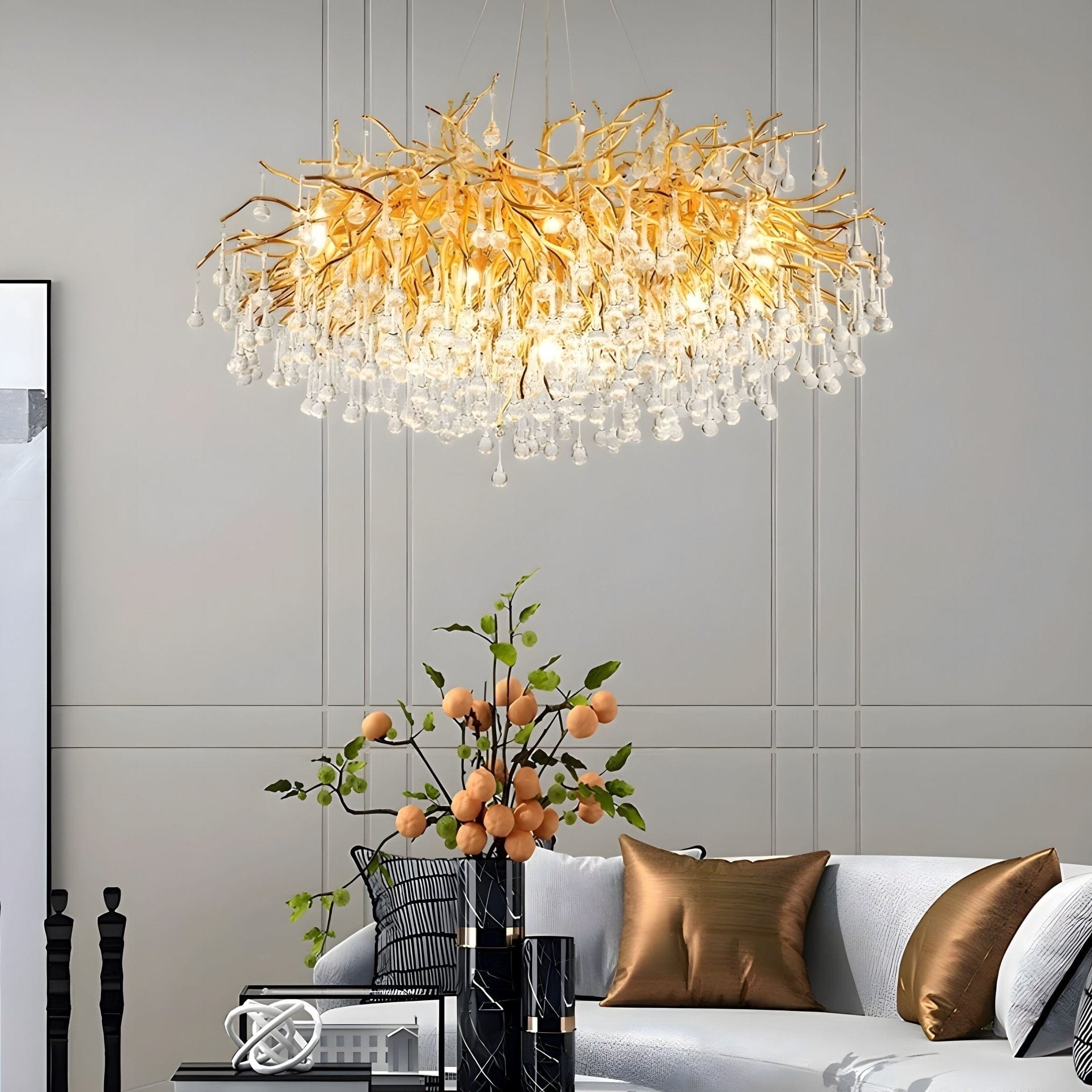 Dribble Crystal Raindrop Branch Chandelier Dimmable Dining Room Living Room — Gold Silver