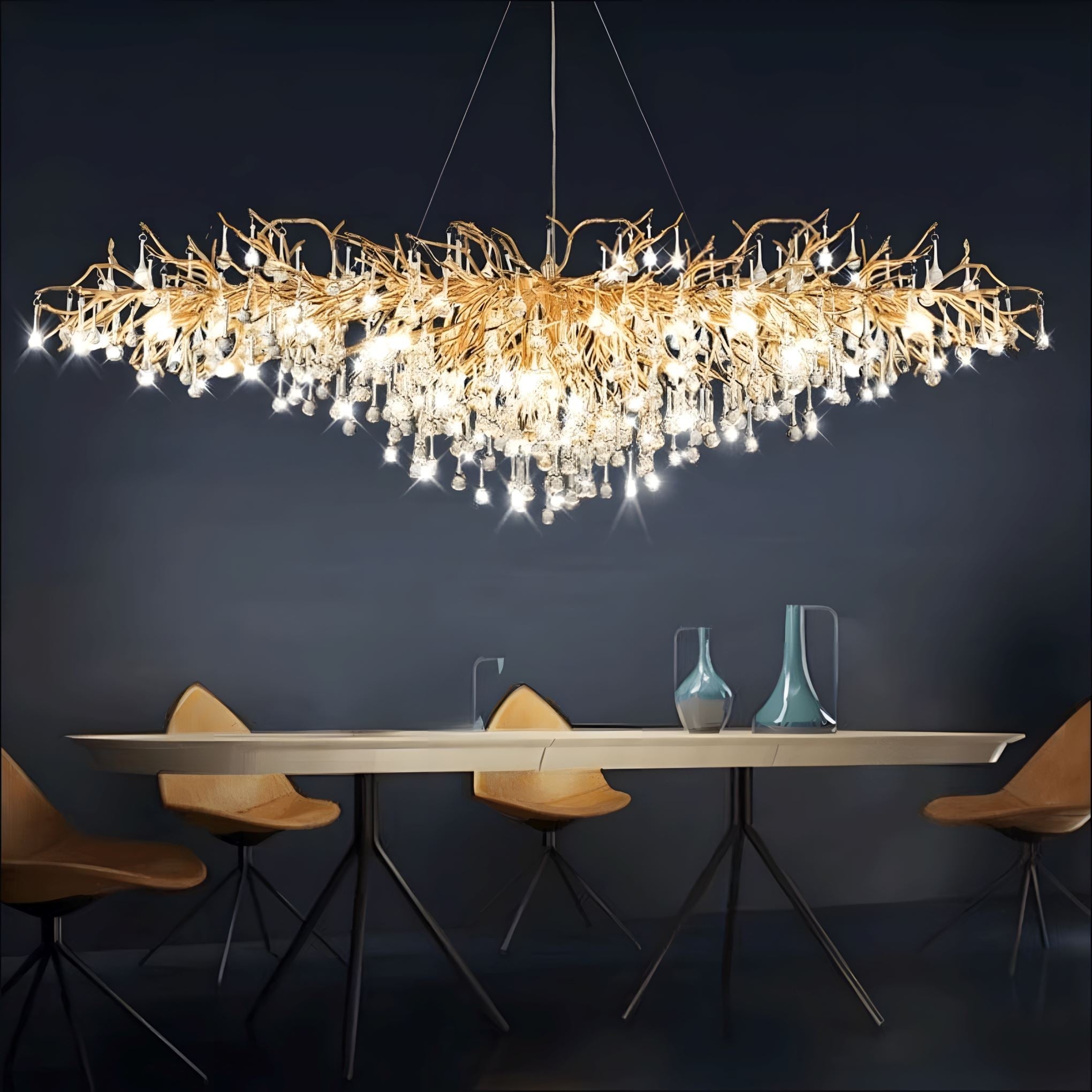 Dribble Crystal Raindrop Branch Chandelier Dimmable Dining Room Living Room — Gold Silver