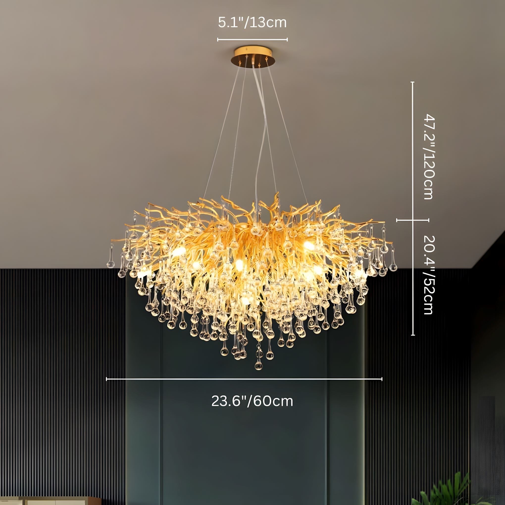 Dribble Crystal Raindrop Branch Chandelier Dimmable Dining Room Living Room — Gold Silver