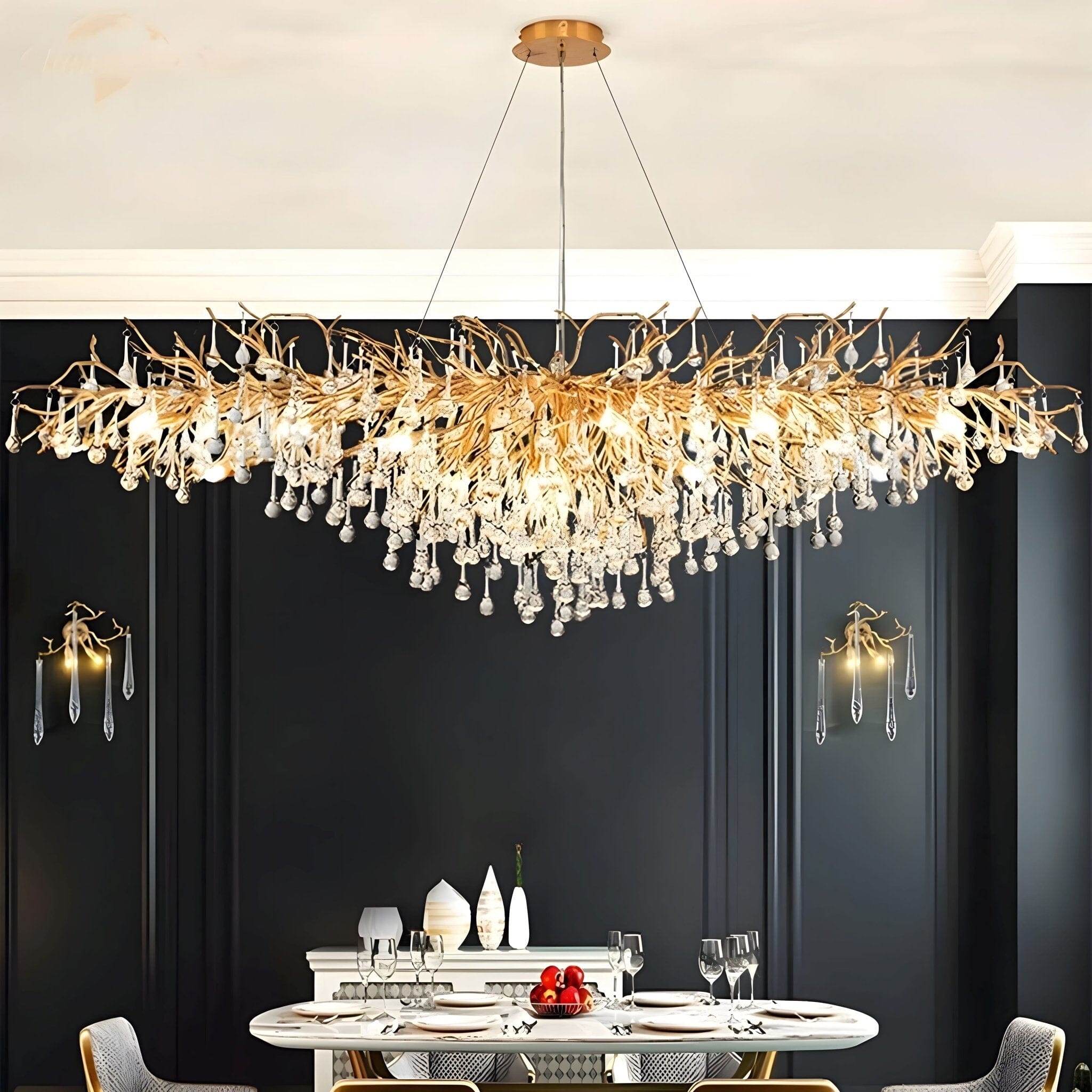 Dribble Crystal Raindrop Branch Chandelier Dimmable Dining Room Living Room — Gold Silver
