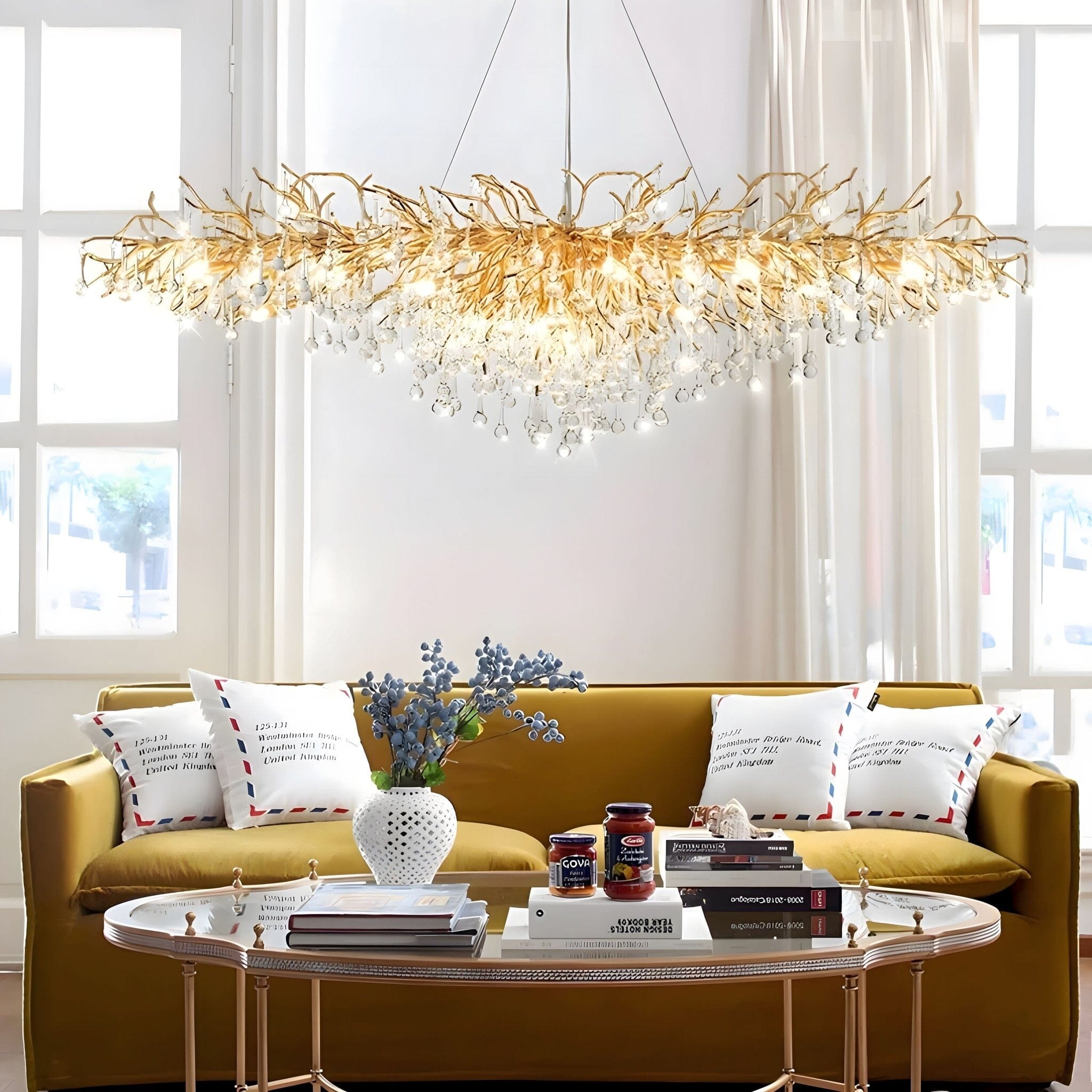 Dribble Crystal Raindrop Branch Chandelier Dimmable Dining Room Living Room — Gold Silver
