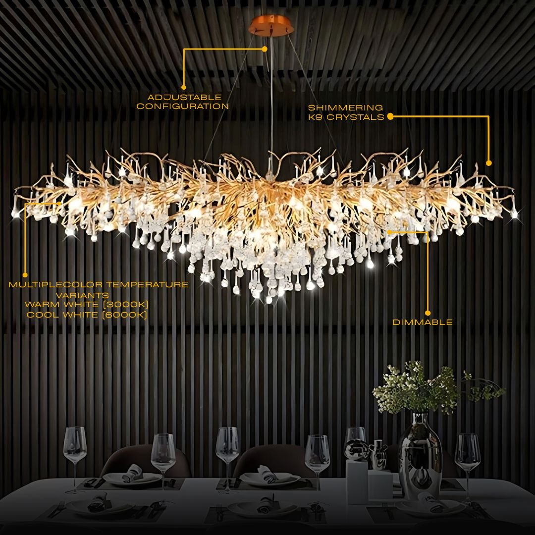 Dribble Crystal Raindrop Branch Chandelier Dimmable Dining Room Living Room — Gold Silver