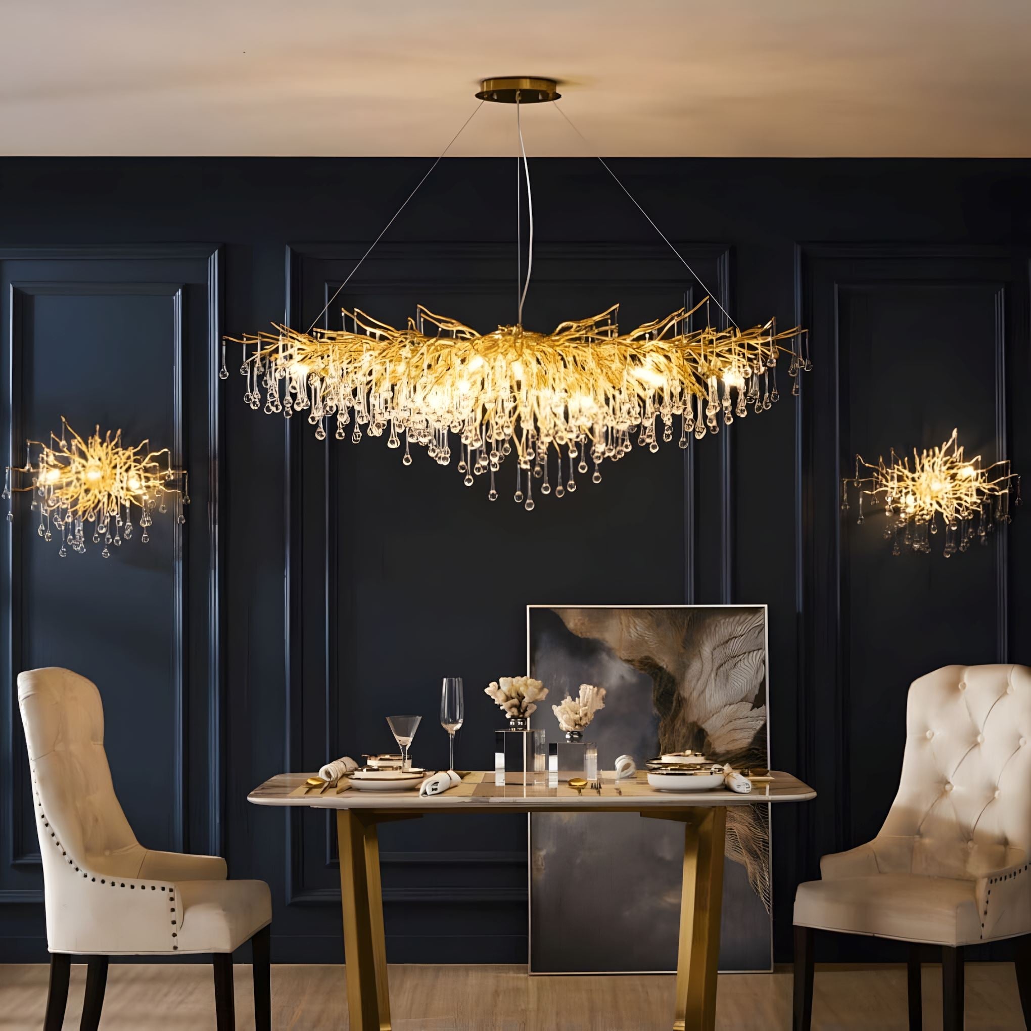 Dribble Crystal Raindrop Branch Chandelier Dimmable Dining Room Living Room — Gold Silver