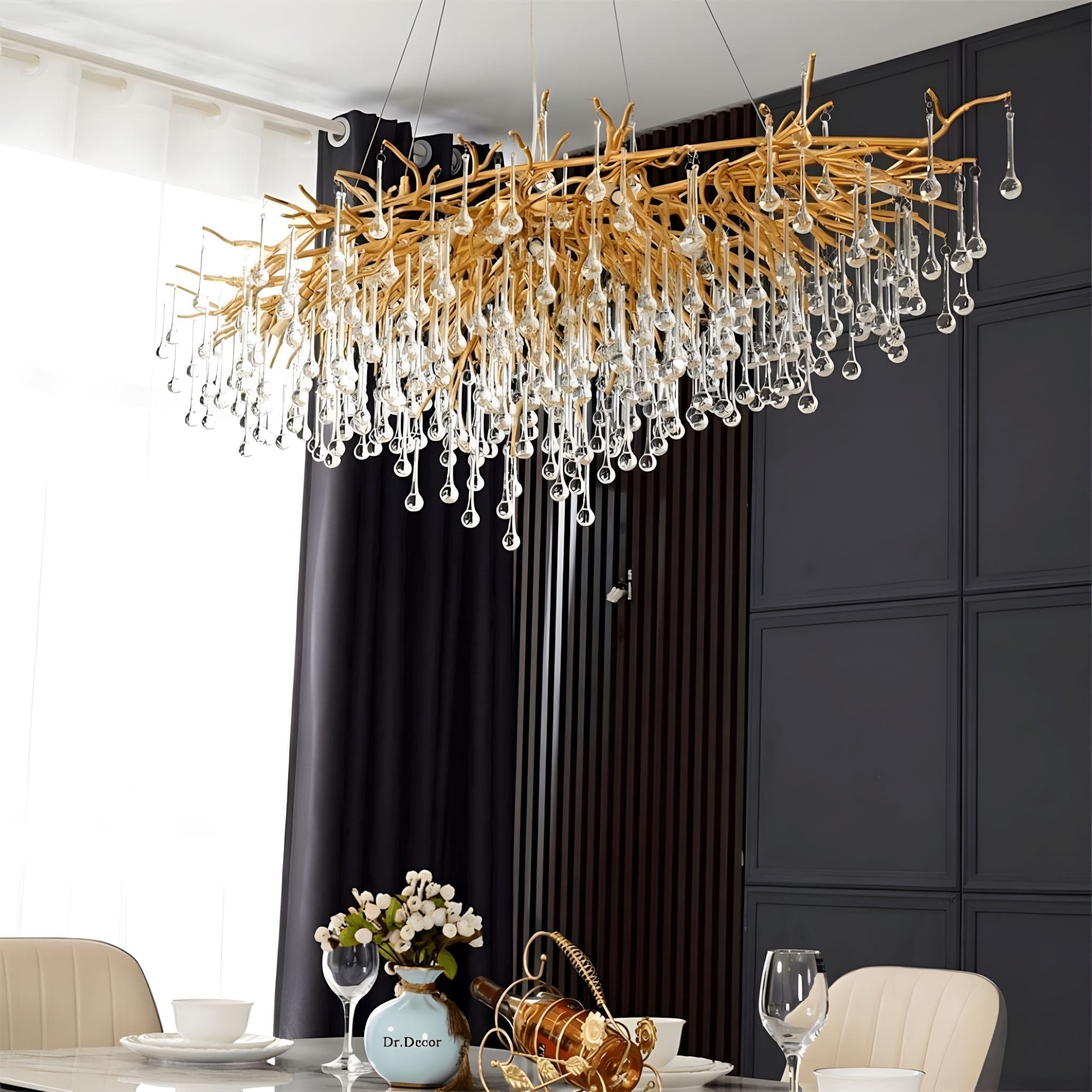 Dribble Crystal Raindrop Branch Chandelier Dimmable Dining Room Living Room — Gold Silver