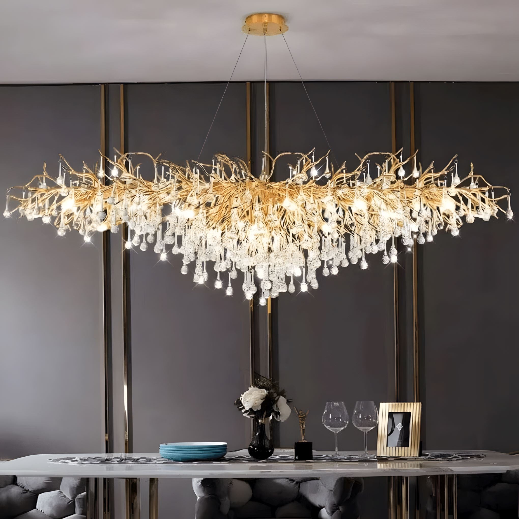 Dribble Crystal Raindrop Branch Chandelier Dimmable Dining Room Living Room — Gold Silver