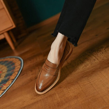 Women’s Genuine Cowhide Leather Loafers – Retro Round Toe Flat Shoes, Low Heel Casual Slip-On