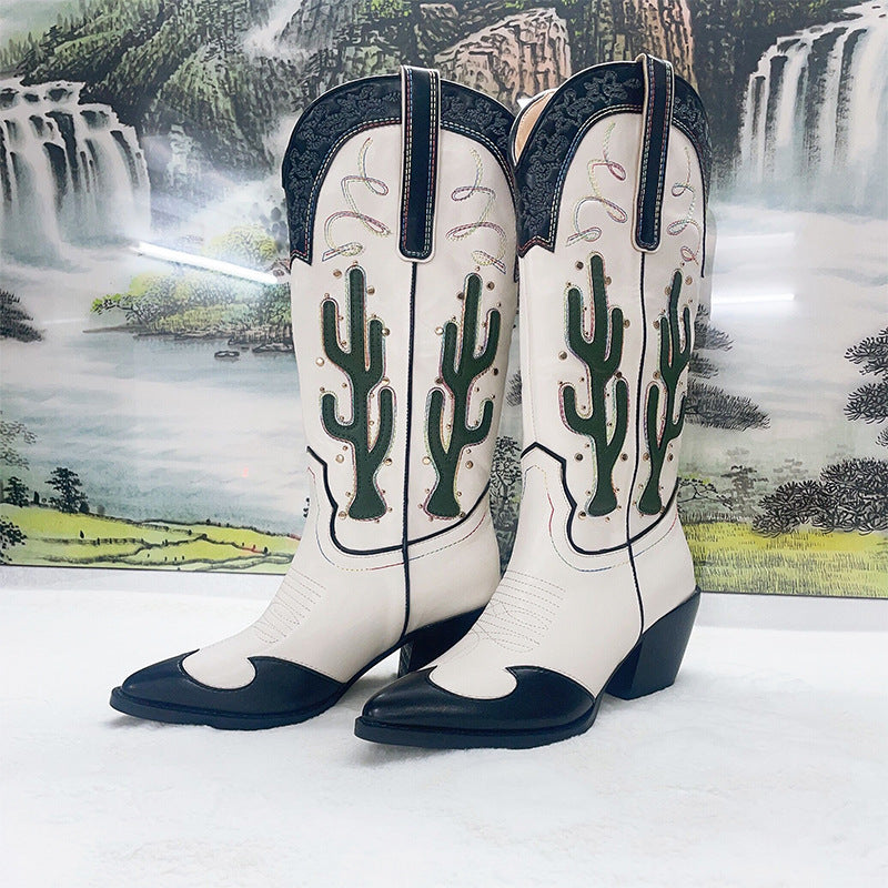 Women's Cactus Embroidered Western Cowboy Boots - Chunky Heel Mid-Calf Vintage