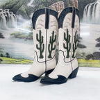 Women's Cactus Embroidered Western Cowboy Boots - Chunky Heel Mid-Calf Vintage