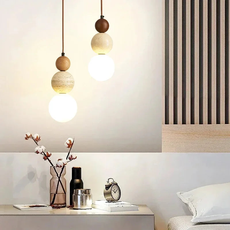 Cream Pendant Light, Bauhaus Wood Design, Dimmable LED, Walnut, Dining Room