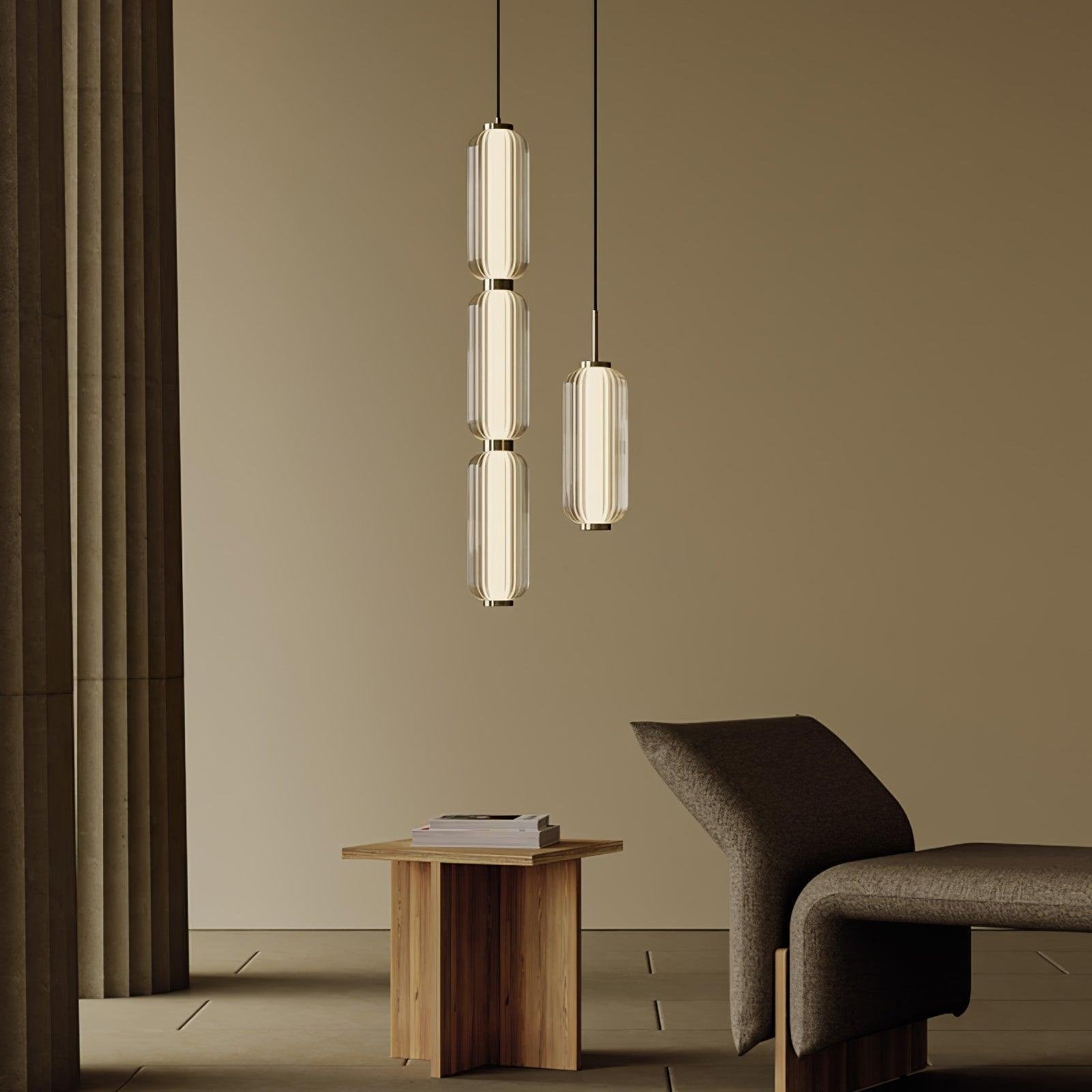 Linear Glass Tube Pendant Light Gold Hardware Warm Cool LED Dining Room Bedroom — 3 Heights Set