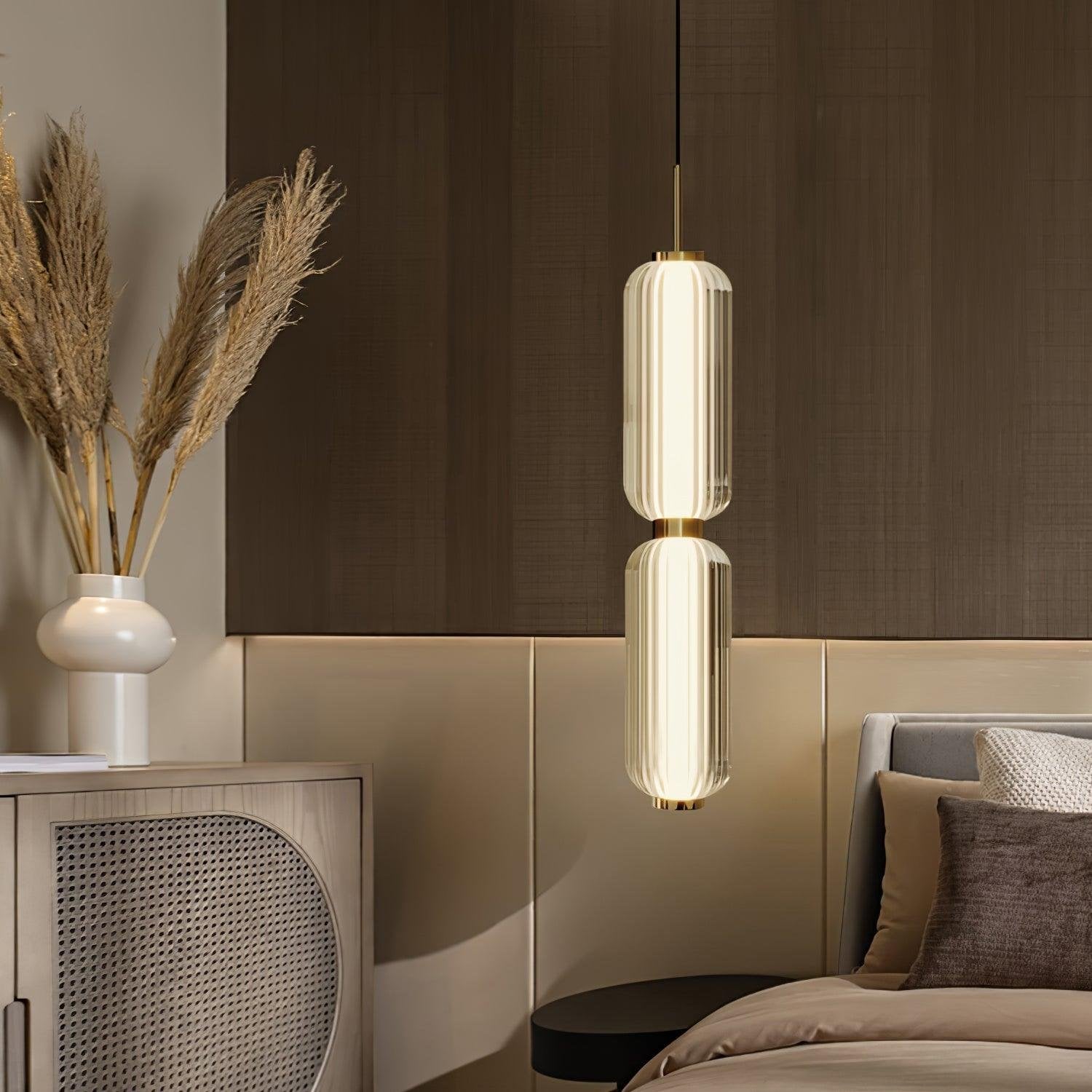 Linear Glass Tube Pendant Light Gold Hardware Warm Cool LED Dining Room Bedroom — 3 Heights Set