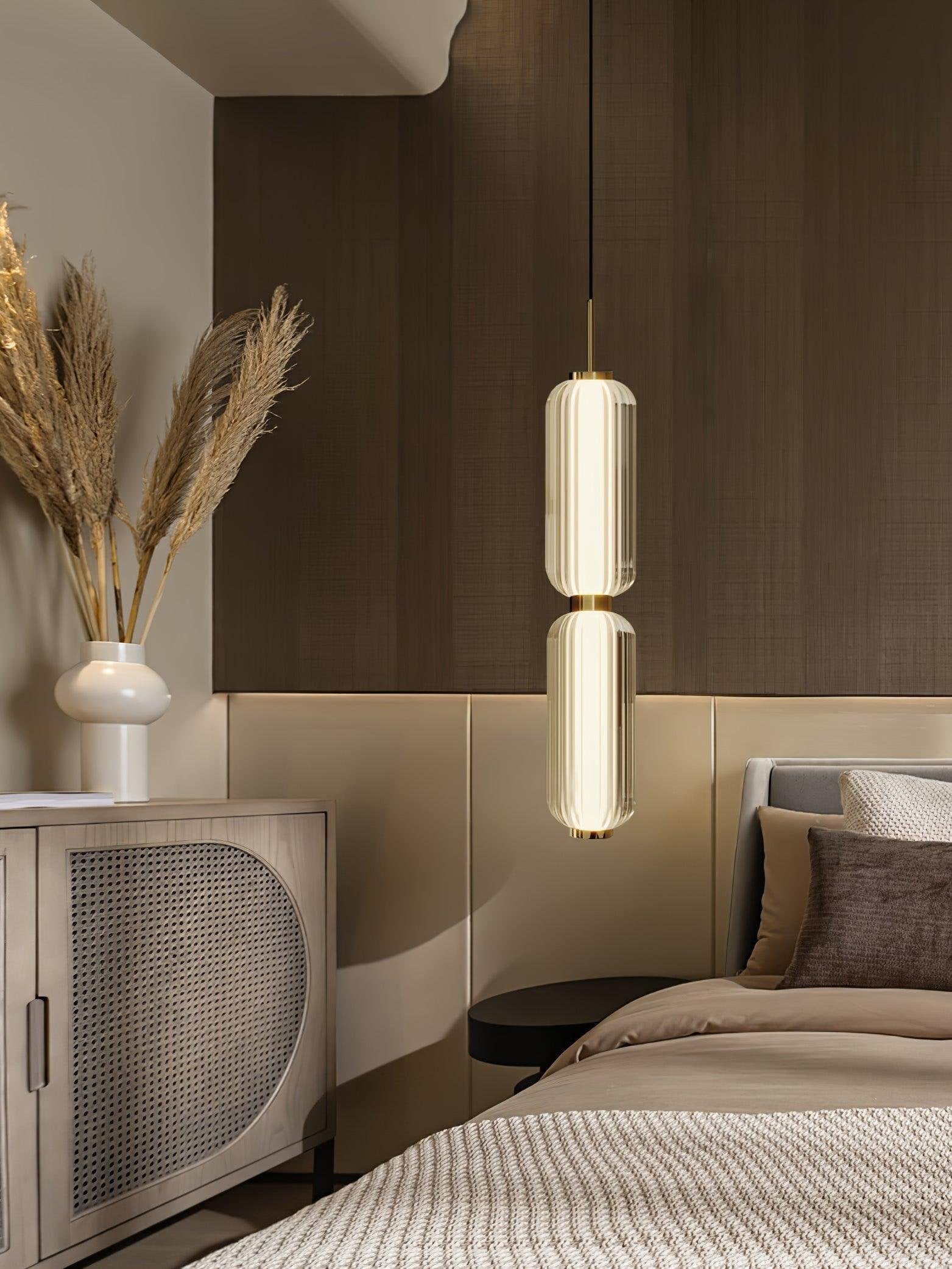 Linear Glass Tube Pendant Light Gold Hardware Warm Cool LED Dining Room Bedroom — 3 Heights Set