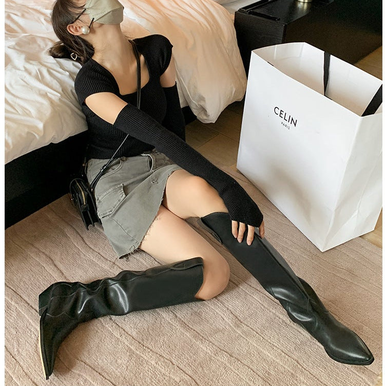 Women's Chunky Heel Western Cowboy Boots - Suede Leather Pointed Toe