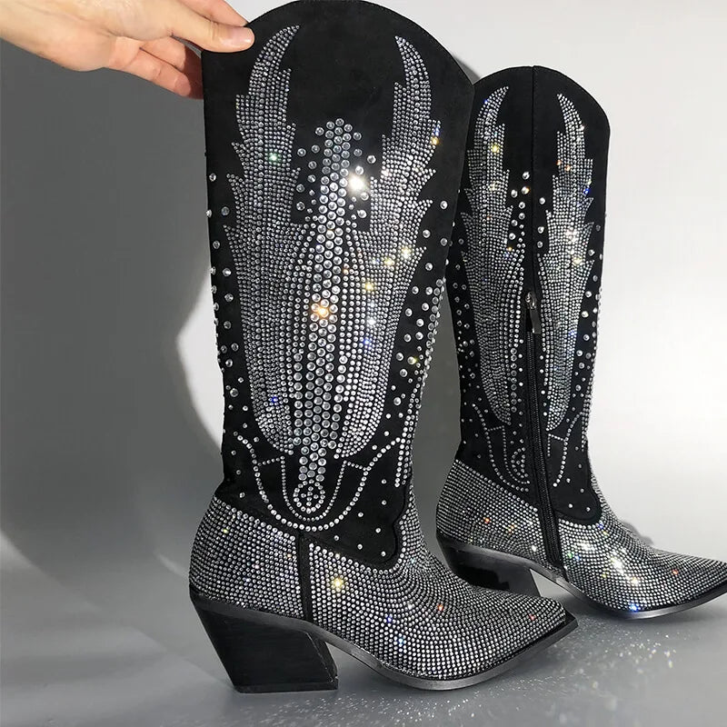 Women's Rhinestone Knee High Cowboy Boots - Black Glitter Western Boots Block Heel