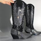 Women's Rhinestone Knee High Cowboy Boots - Black Glitter Western Boots Block Heel
