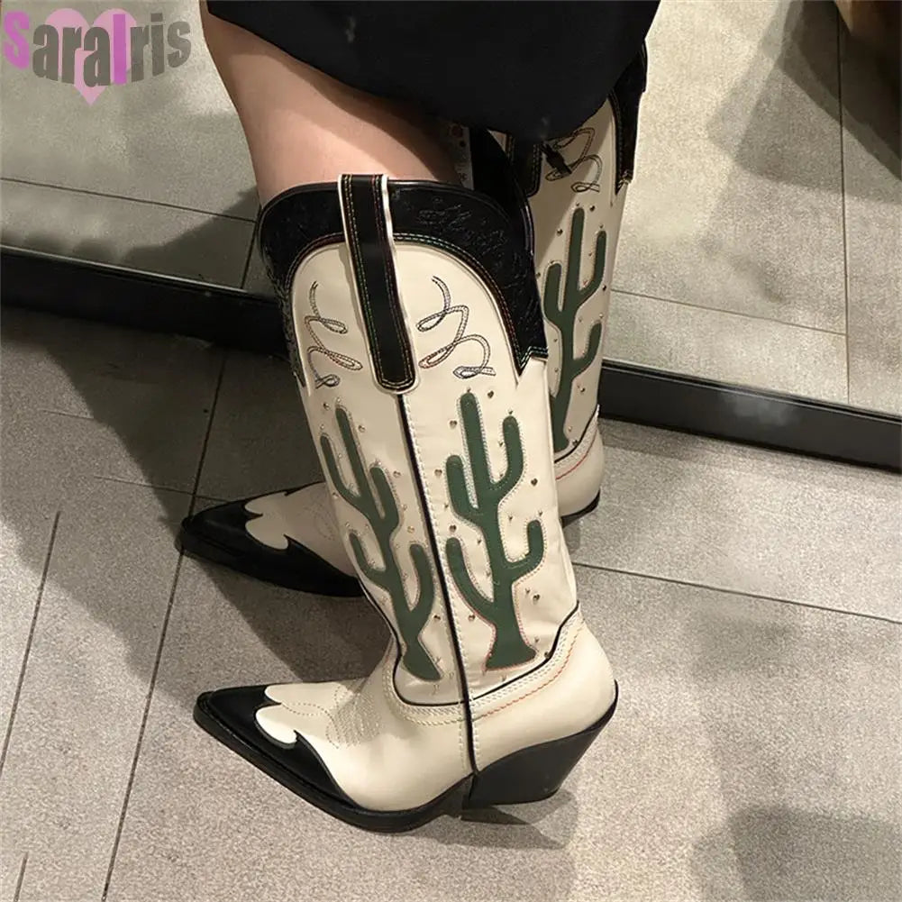 Women's Cactus Embroidered Western Cowboy Boots - Chunky Heel Mid-Calf Vintage