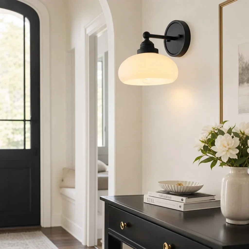 Ferran Vintage Industrial Milk Glass Wall Sconce Brass Black Bedroom Bar — 1 to 2 Heads