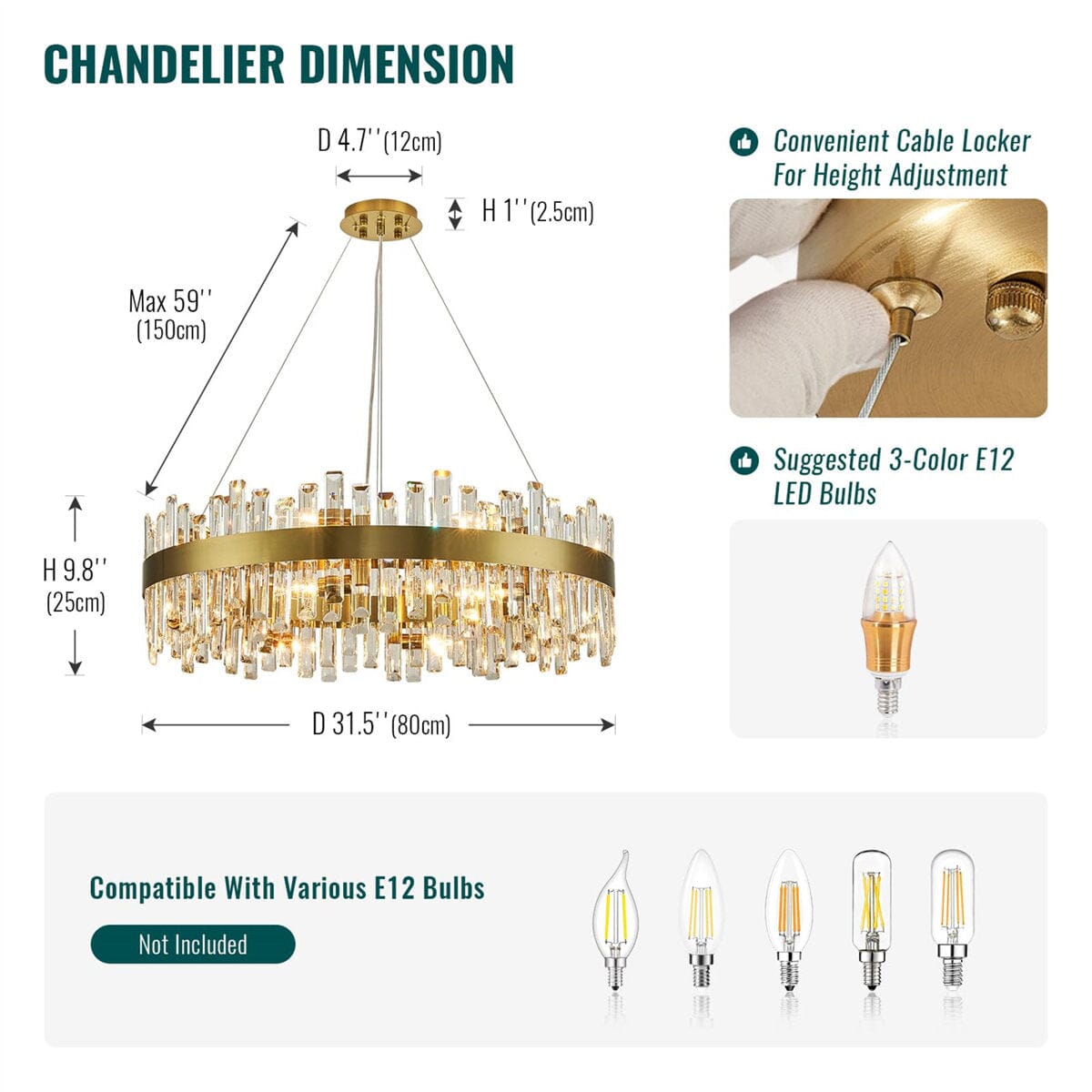 GOLDEN ICE Luxury K9 Crystal Chandelier Dining Room Living Room — 23 to 35 Inch Gold