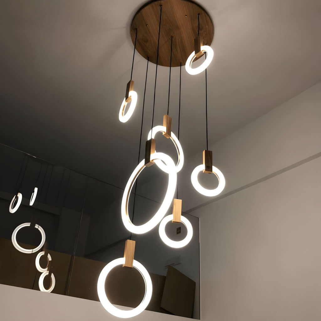 HALO Wood Ring LED Chandelier Dimmable Dining Room Living Room Staircase — 1 to 5 Rings