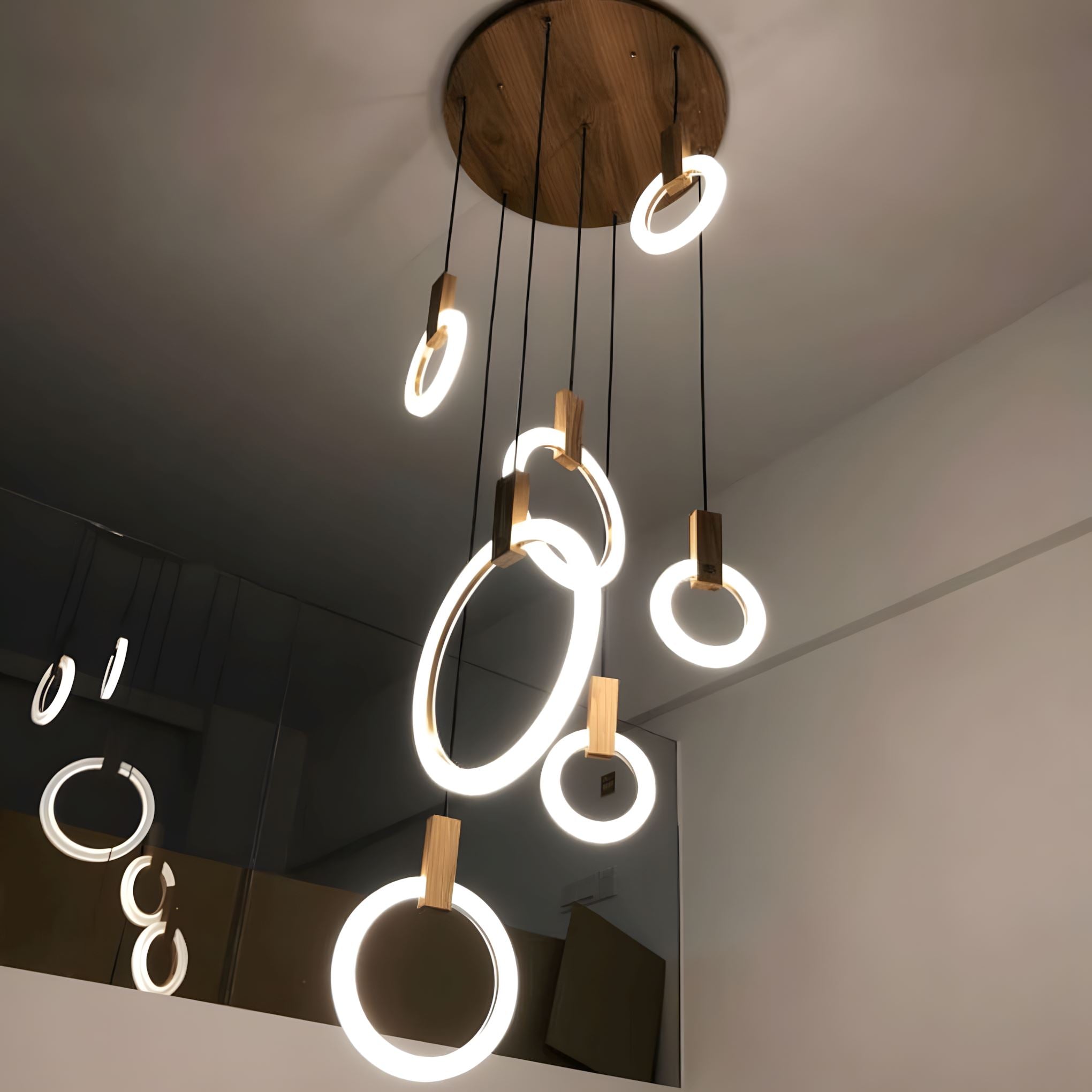 HALO Wood Ring LED Chandelier Dimmable Dining Room Living Room Staircase — 1 to 5 Rings