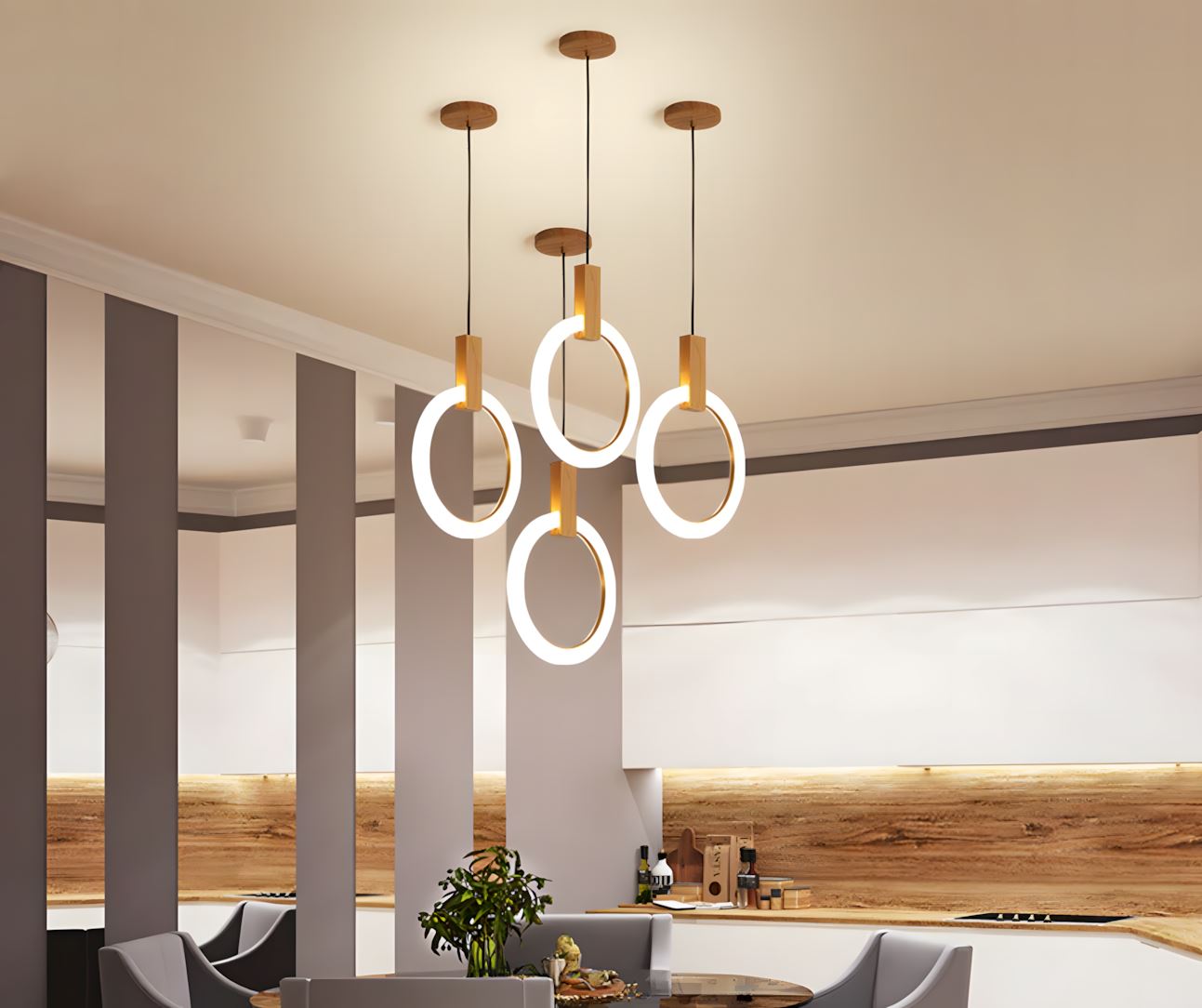 HALO Wood Ring LED Chandelier Dimmable Dining Room Living Room Staircase — 1 to 5 Rings
