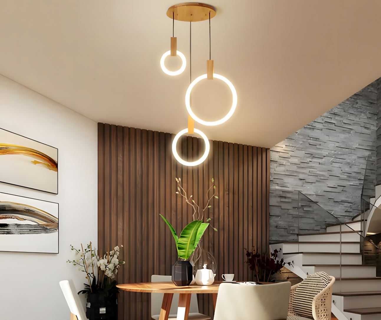 HALO Wood Ring LED Chandelier Dimmable Dining Room Living Room Staircase — 1 to 5 Rings
