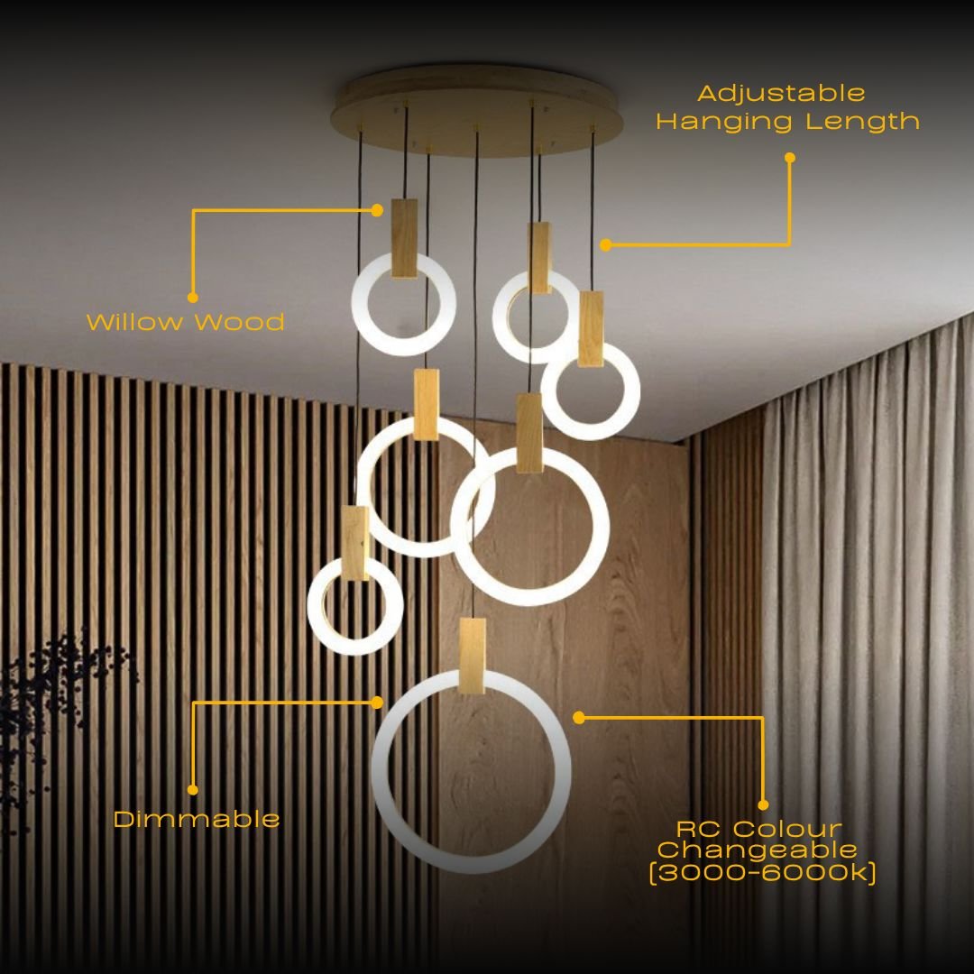 HALO Wood Ring LED Chandelier Dimmable Dining Room Living Room Staircase — 1 to 5 Rings