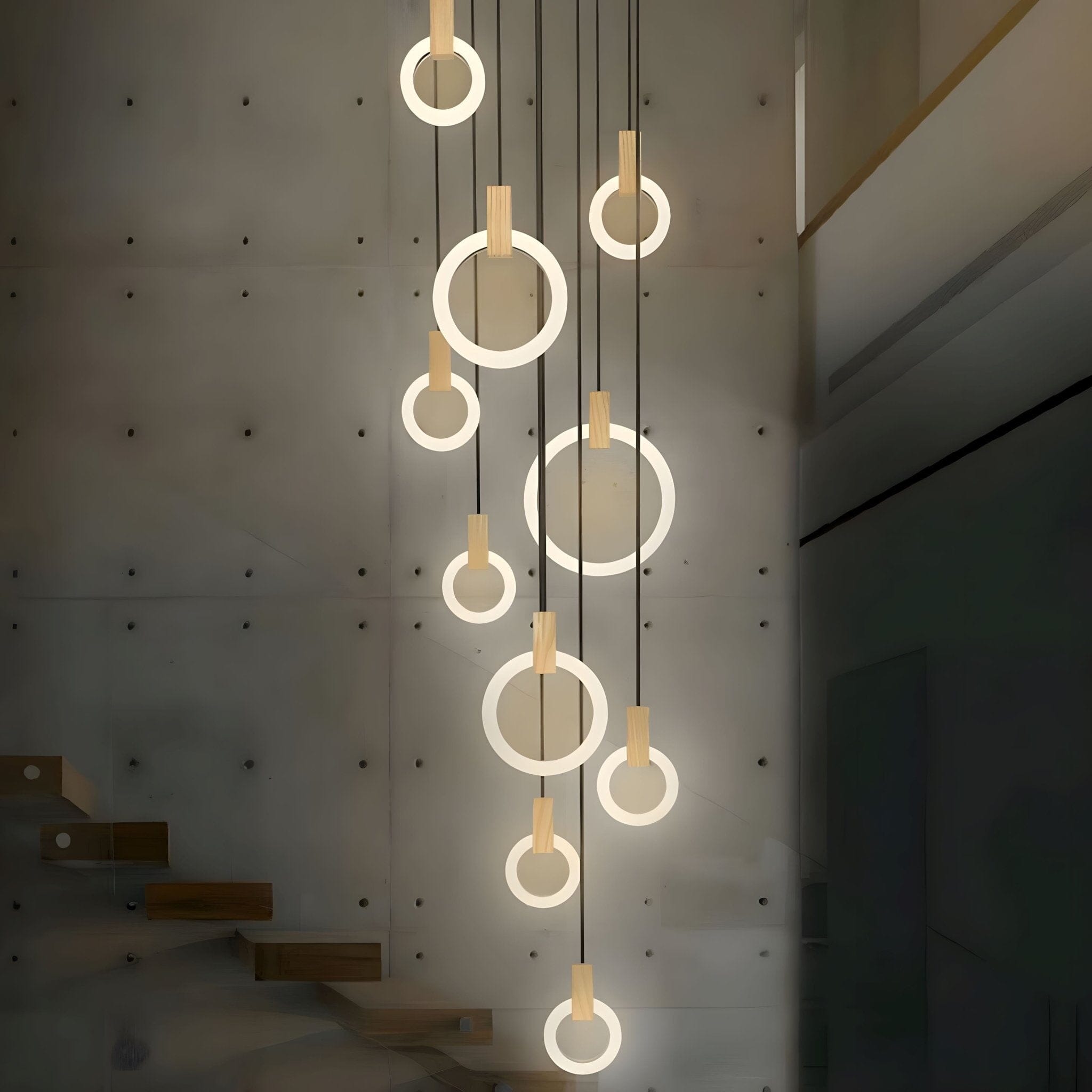 HALO Wood Ring LED Chandelier Dimmable Dining Room Living Room Staircase — 1 to 5 Rings