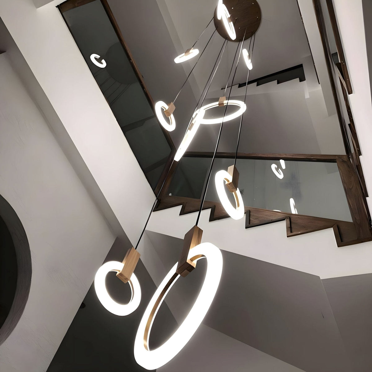 HALO Wood Ring LED Chandelier Dimmable Dining Room Living Room Staircase — 1 to 5 Rings