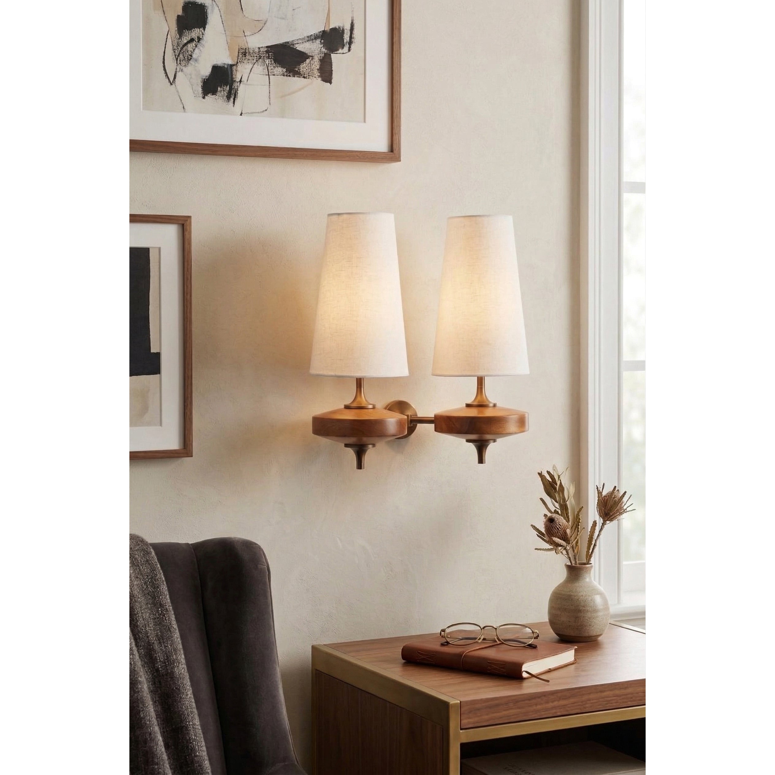 Hour Rho Wall Lamp Fabric Shade Modern Bedroom Living Room — Walnut White Green Red 1 to 2 Heads