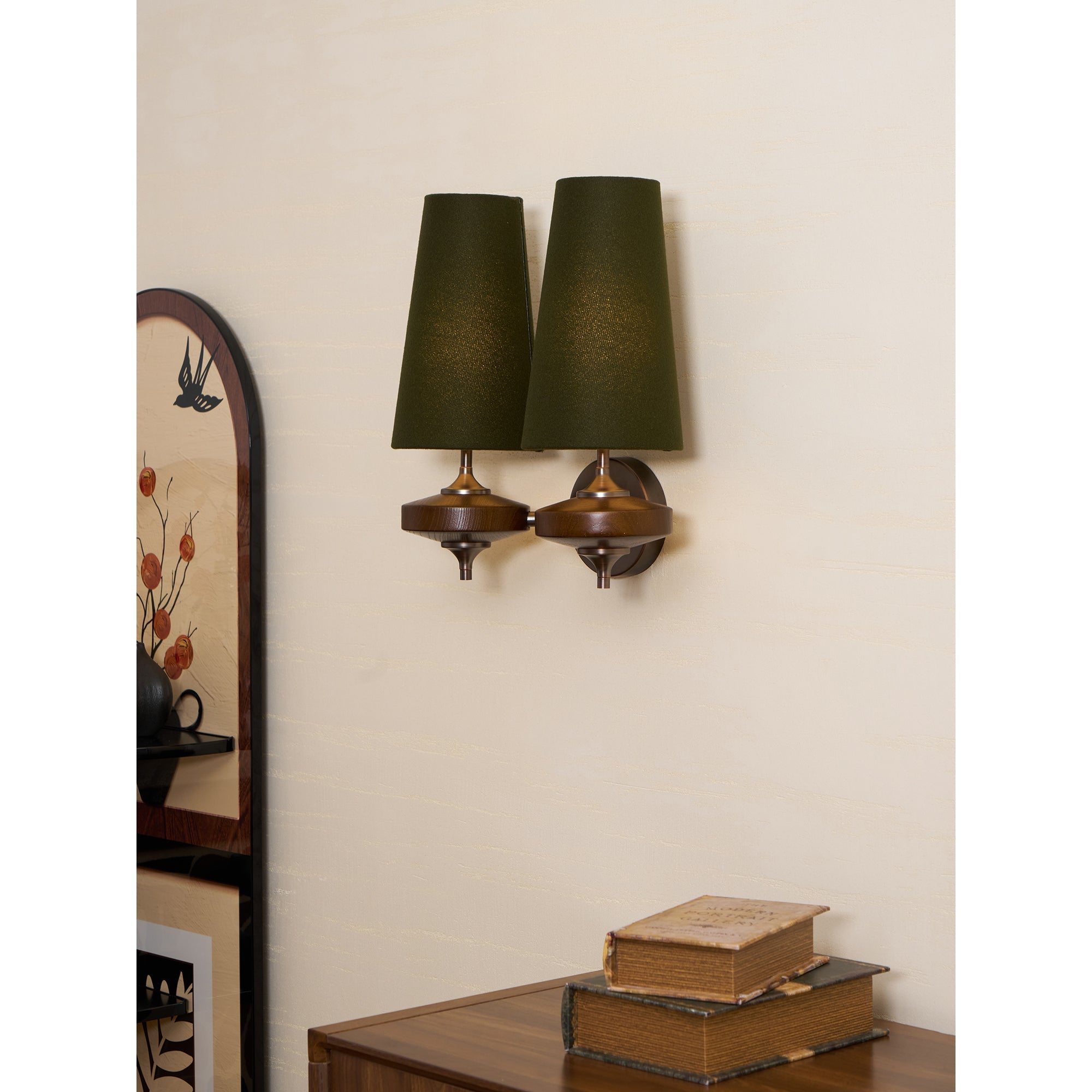 Hour Rho Wall Lamp Fabric Shade Modern Bedroom Living Room — Walnut White Green Red 1 to 2 Heads