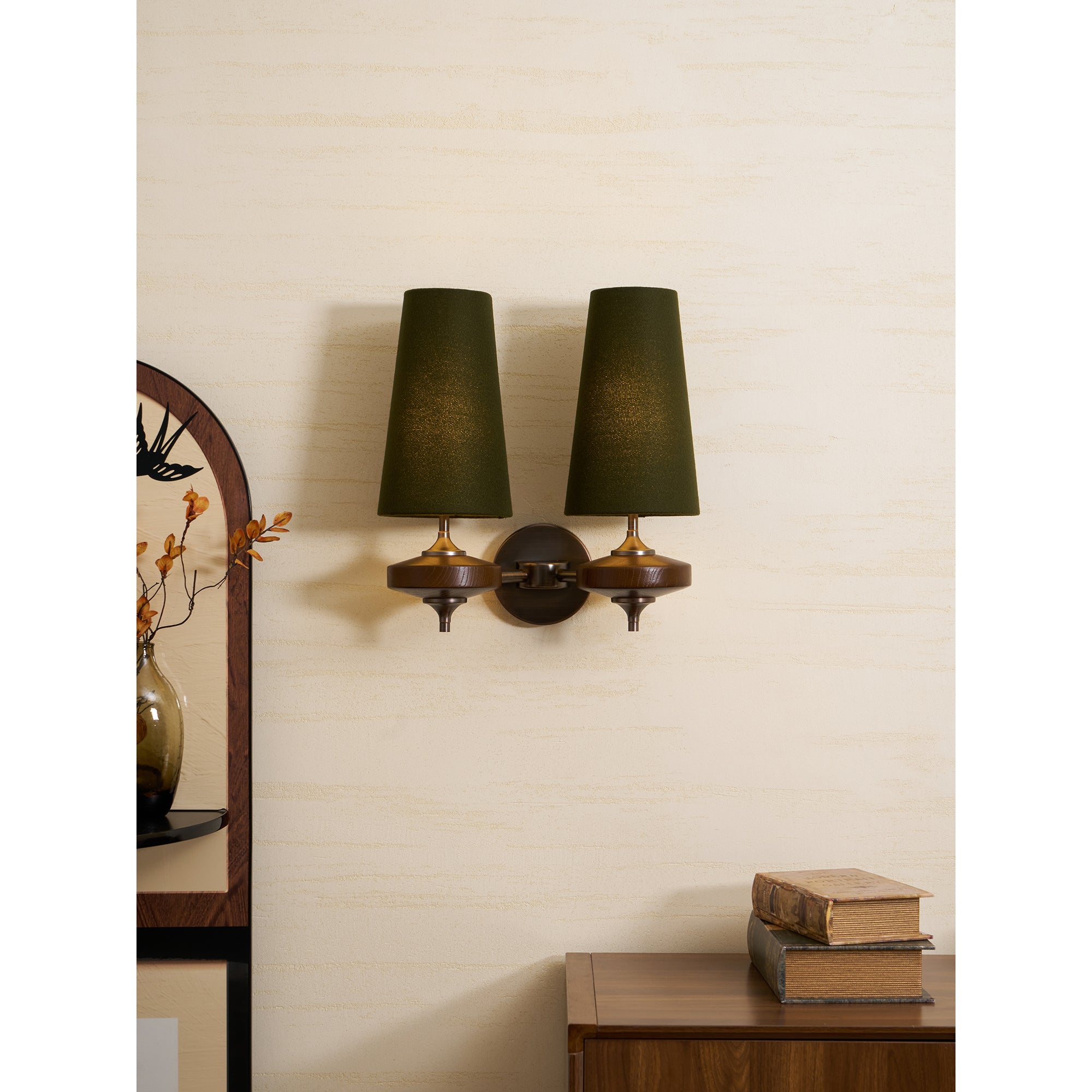 Hour Rho Wall Lamp Fabric Shade Modern Bedroom Living Room — Walnut White Green Red 1 to 2 Heads