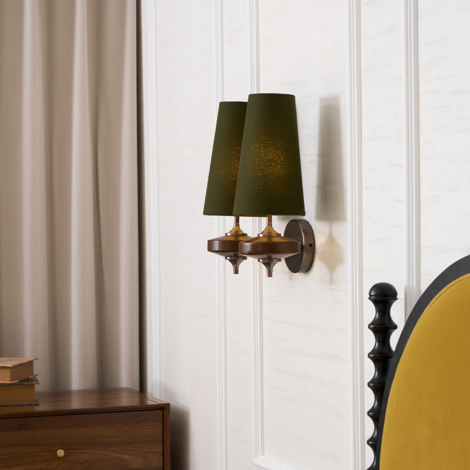 Hour Rho Wall Lamp Fabric Shade Modern Bedroom Living Room — Walnut White Green Red 1 to 2 Heads