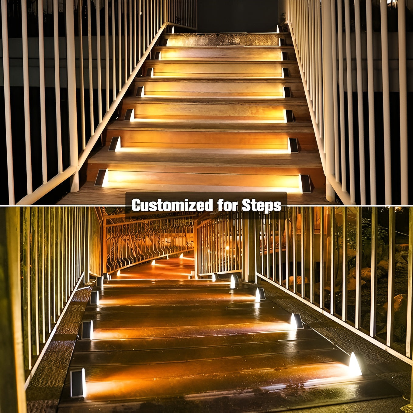 Solar pathway lights warm white IP67 outdoor garden — illuminated at dusk warm glow