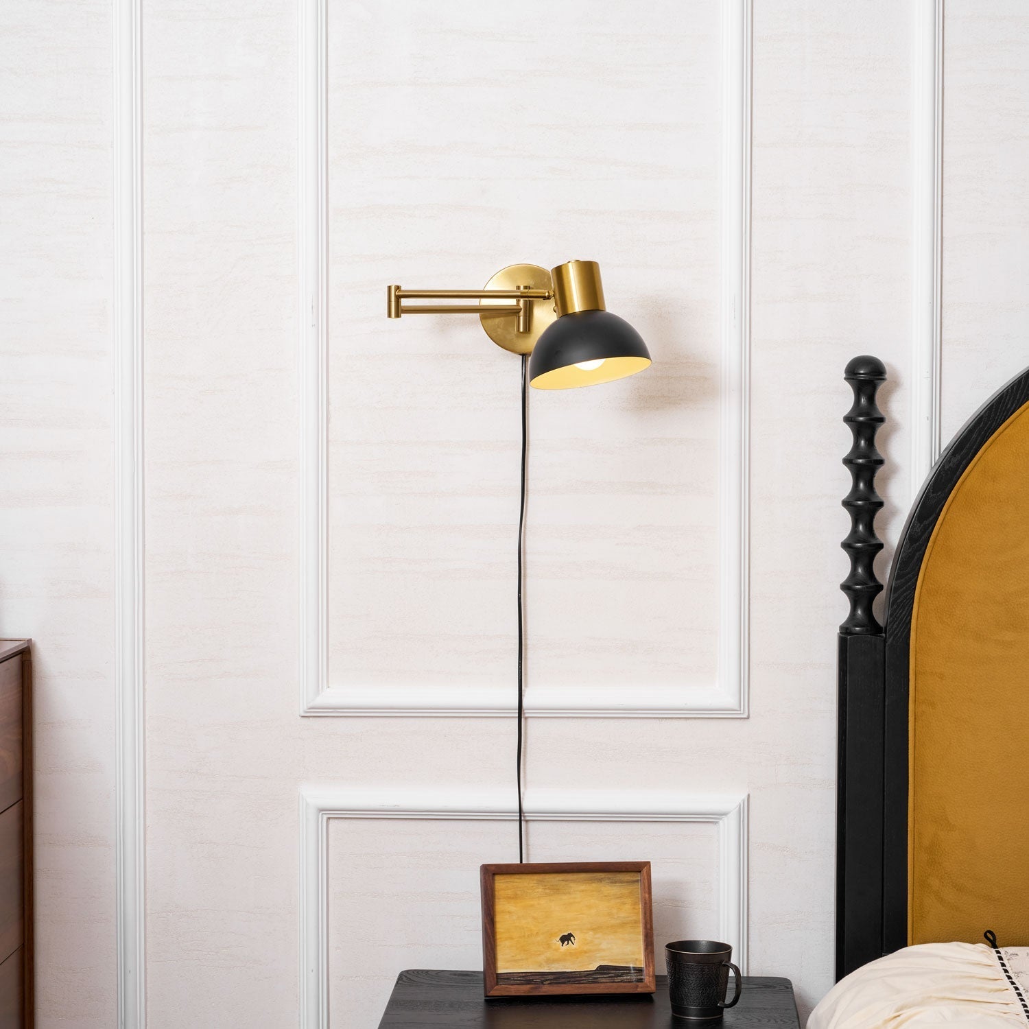 Adjustable Arm Plug-In Wall Lamp Swing Arm Bedroom Living Room Bedside — Gold Black US Plug