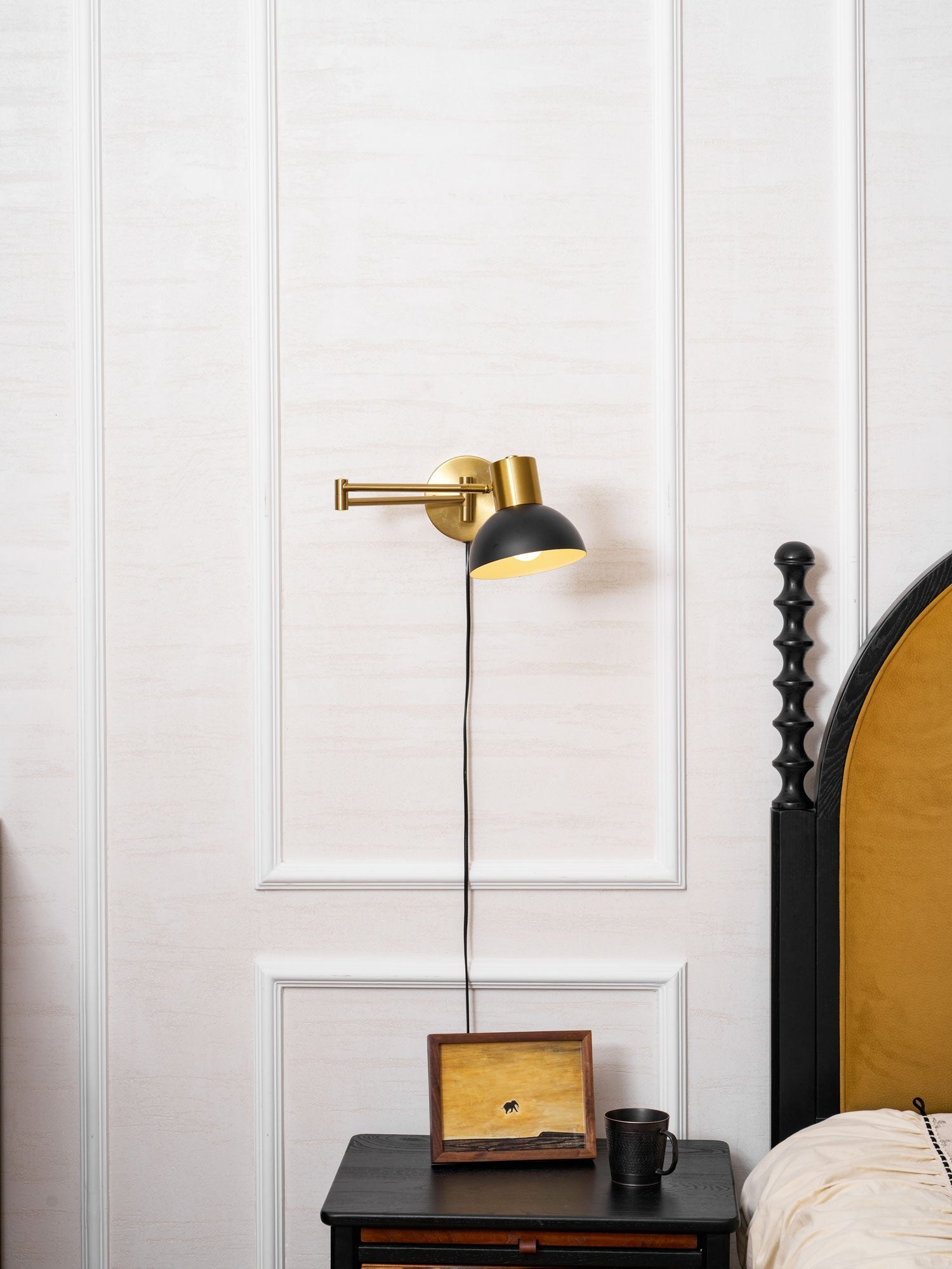 Adjustable Arm Plug-In Wall Lamp Swing Arm Bedroom Living Room Bedside — Gold Black US Plug