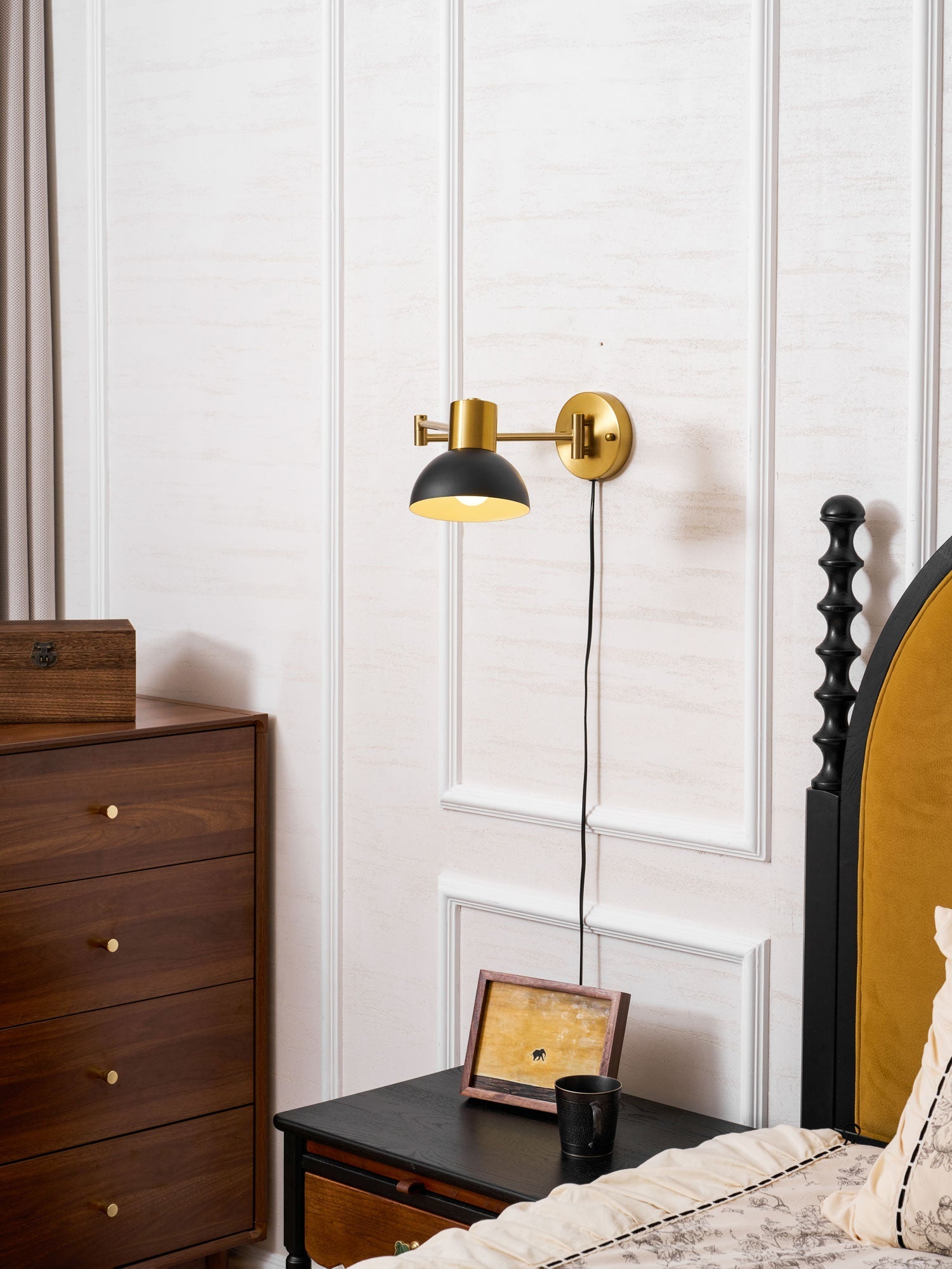 Adjustable Arm Plug-In Wall Lamp Swing Arm Bedroom Living Room Bedside — Gold Black US Plug