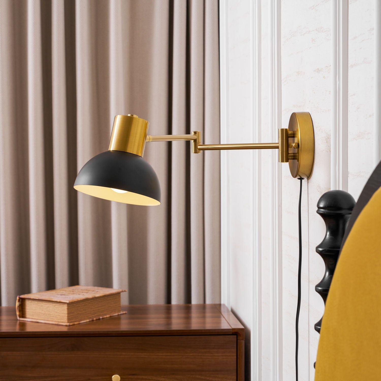 Adjustable Arm Plug-In Wall Lamp Swing Arm Bedroom Living Room Bedside — Gold Black US Plug