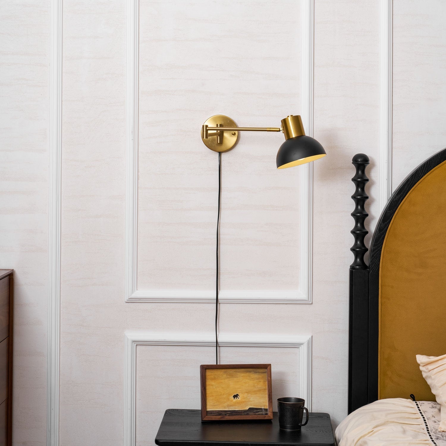 Adjustable Arm Plug-In Wall Lamp Swing Arm Bedroom Living Room Bedside — Gold Black US Plug