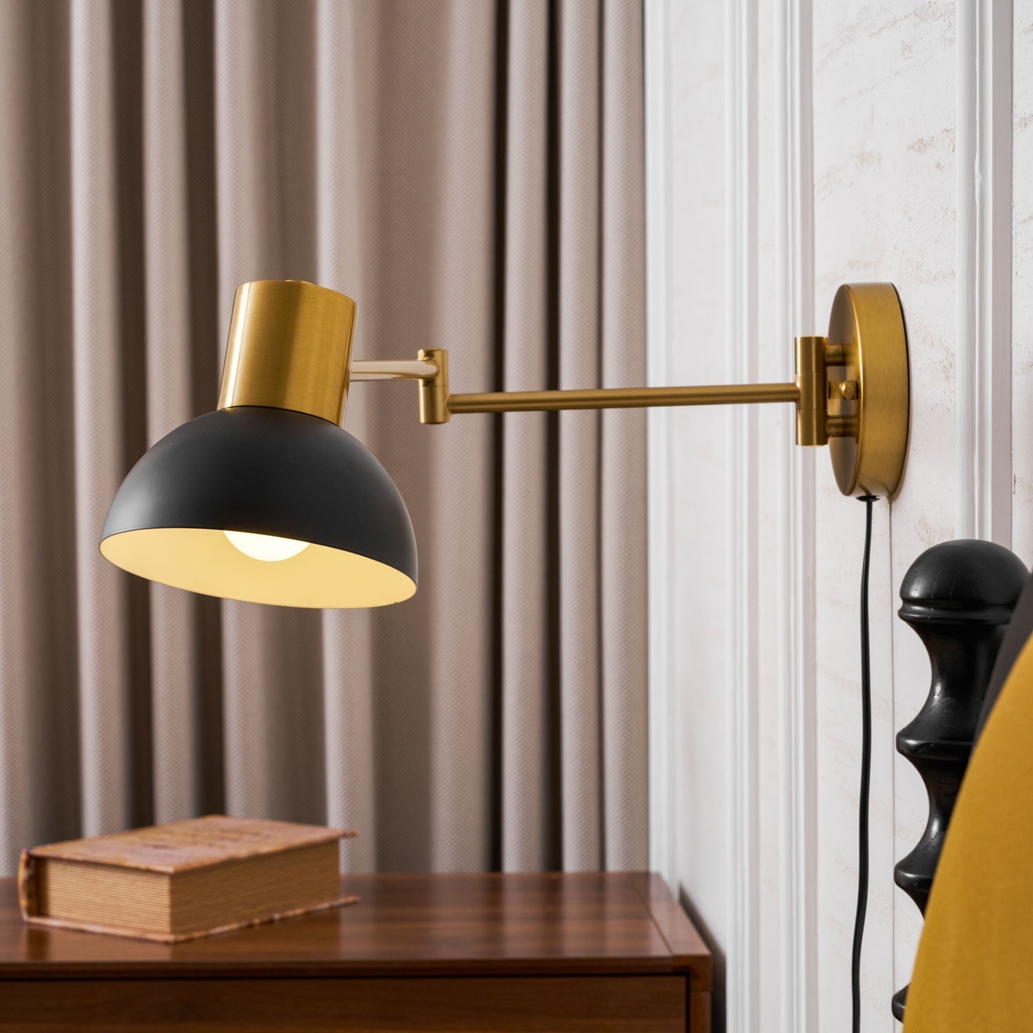 Adjustable Arm Plug-In Wall Lamp Swing Arm Bedroom Living Room Bedside — Gold Black US Plug