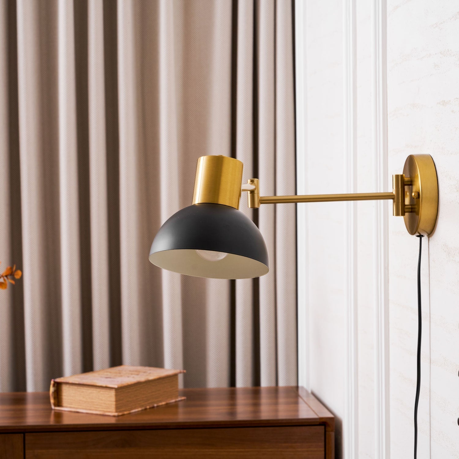 Adjustable Arm Plug-In Wall Lamp Swing Arm Bedroom Living Room Bedside — Gold Black US Plug