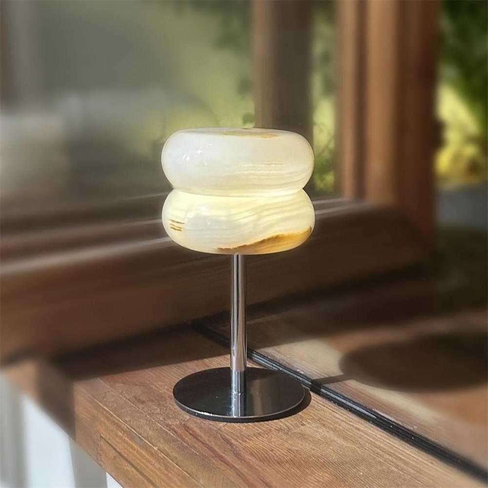 Alabaster Donut Table Lamp Chrome Natural Stone Integrated LED Warm White Bedside — 3.9 x 6.7 Inch