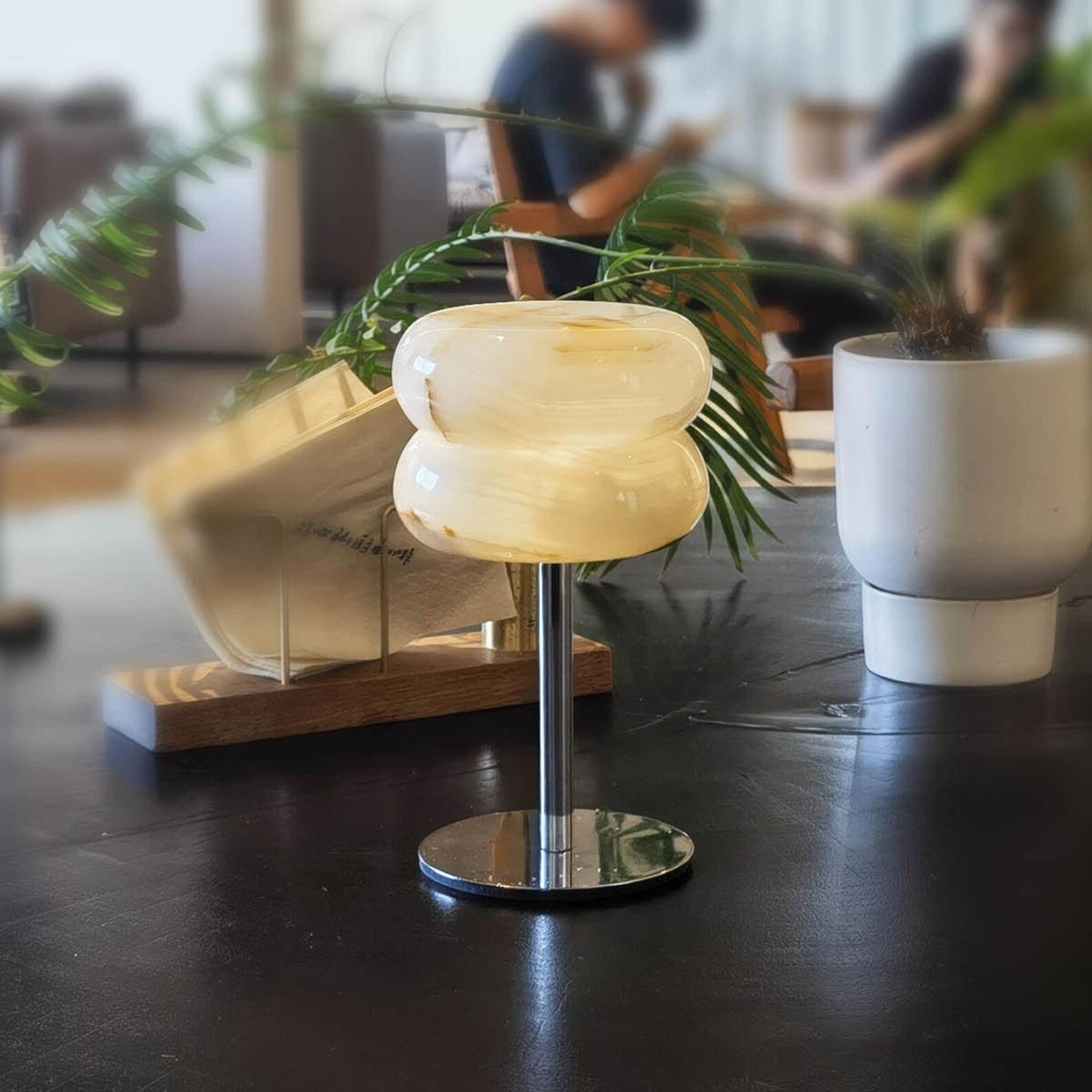 Alabaster Donut Table Lamp Chrome Natural Stone Integrated LED Warm White Bedside — 3.9 x 6.7 Inch