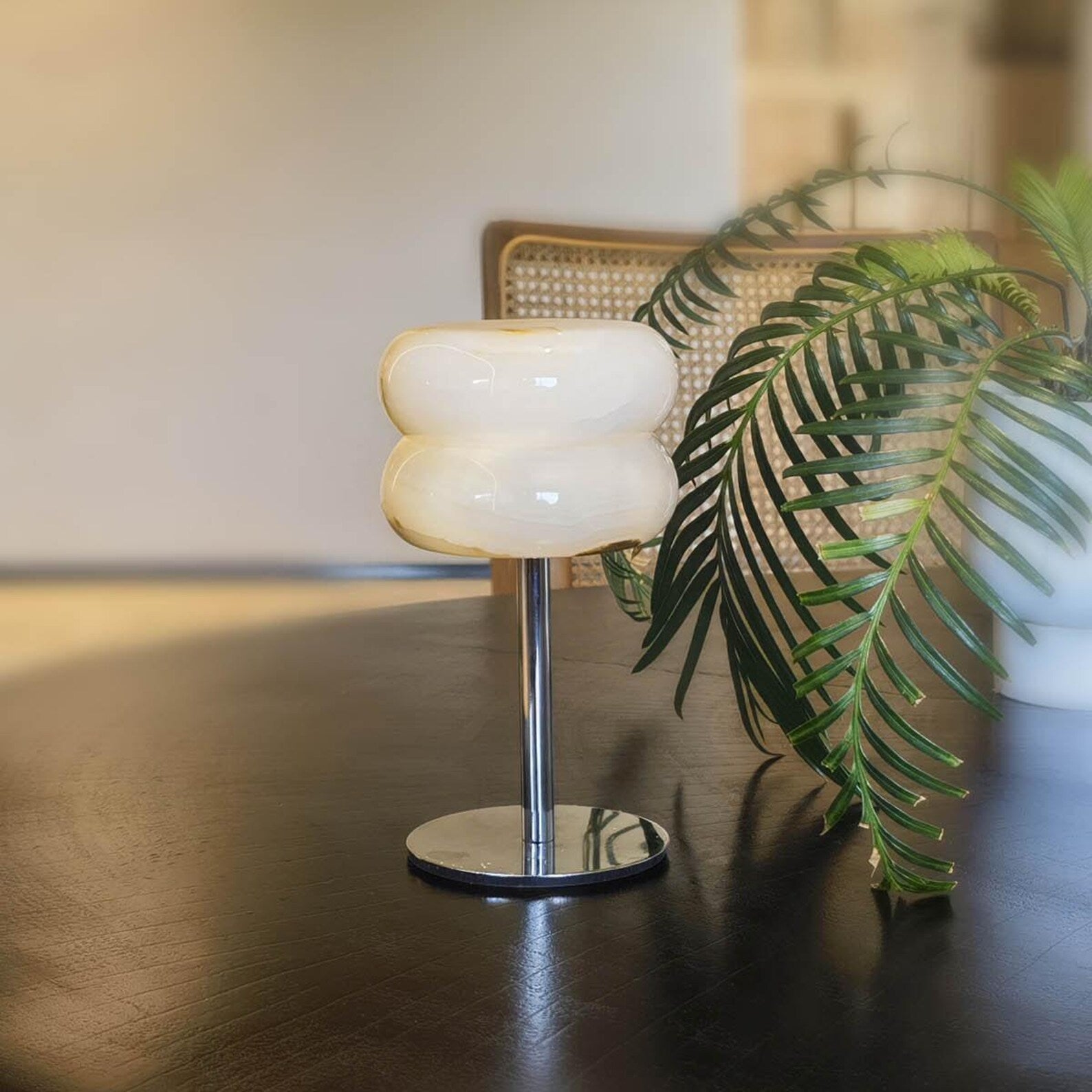 Alabaster Donut Table Lamp Chrome Natural Stone Integrated LED Warm White Bedside — 3.9 x 6.7 Inch
