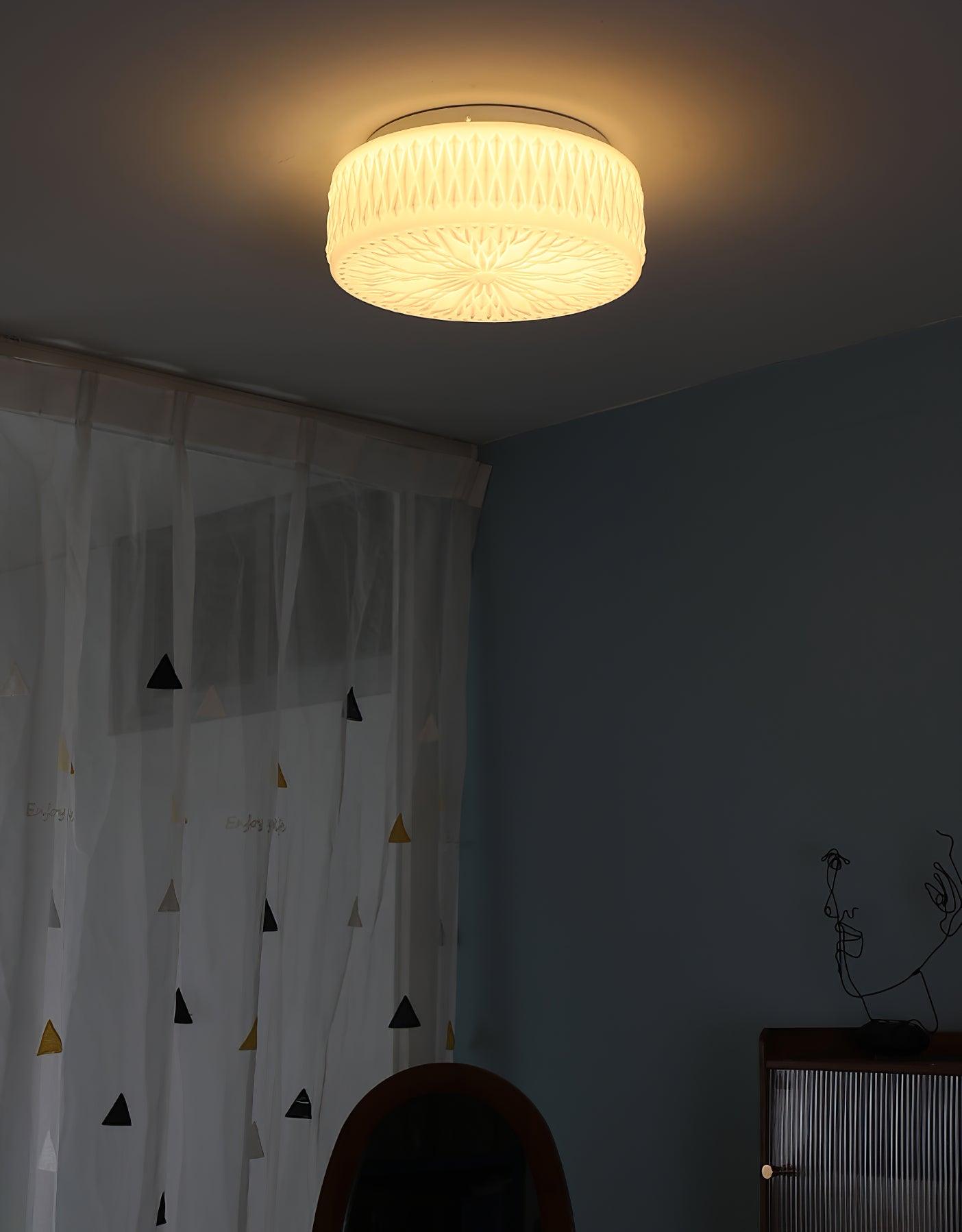 Adler Flush Mount Ceiling Light Fabric Shade Dimmable Bedroom Hallway — White Beige 15 Inch