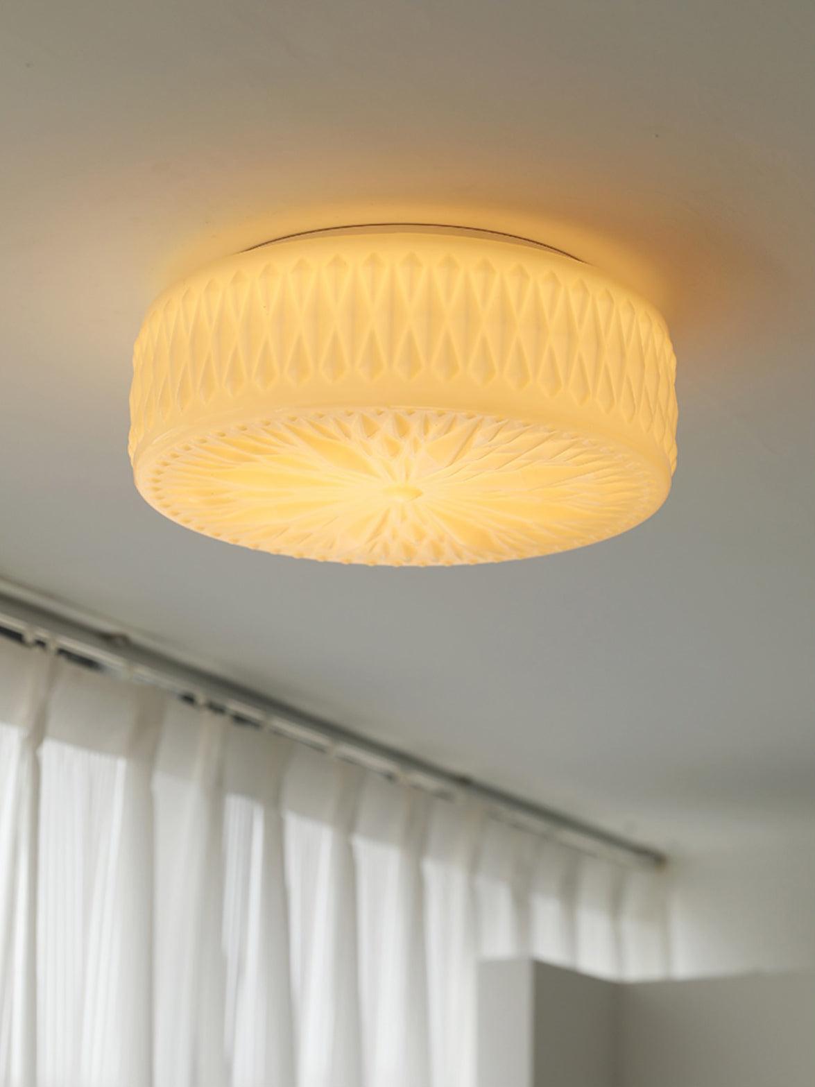 Adler Flush Mount Ceiling Light Fabric Shade Dimmable Bedroom Hallway — White Beige 15 Inch